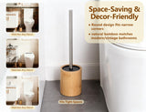 Round Bamboo Toilet Brush, Stainless Steel Long Handle, Freestanding Bathroom Cleaning Brush for Toilet Bowl
