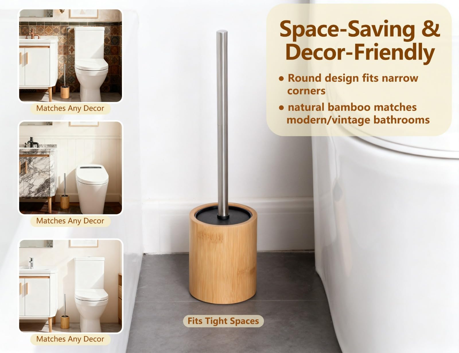 Round Bamboo Toilet Brush, Stainless Steel Long Handle, Freestanding Bathroom Cleaning Brush for Toilet Bowl