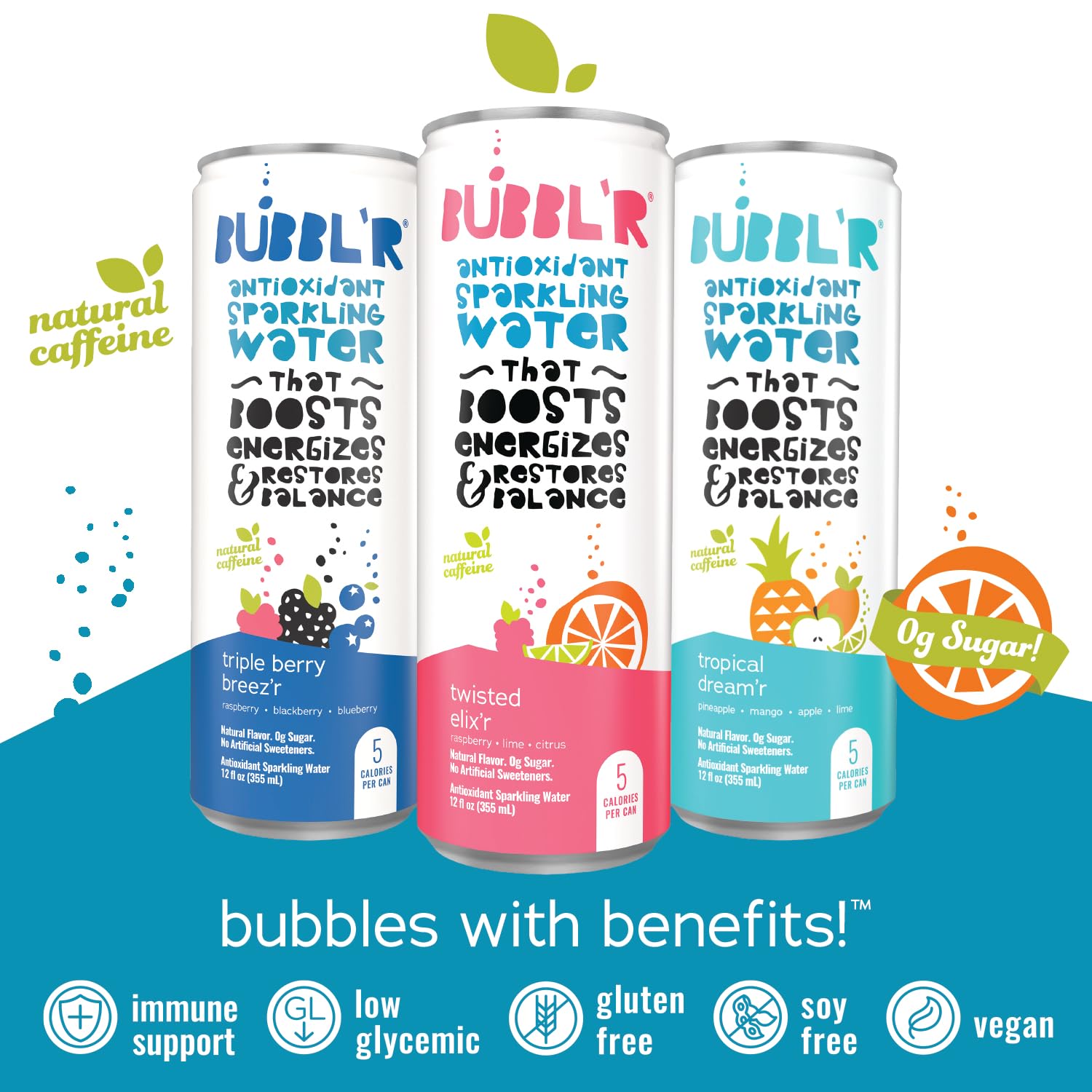 BUBBL'R Sparkling Water, 3 Flavors with Natural Caffeine, triple berry breez'r, twisted elix'r, tropical dream'r, Antioxidants, 0 Sugar - 12 Fl Oz