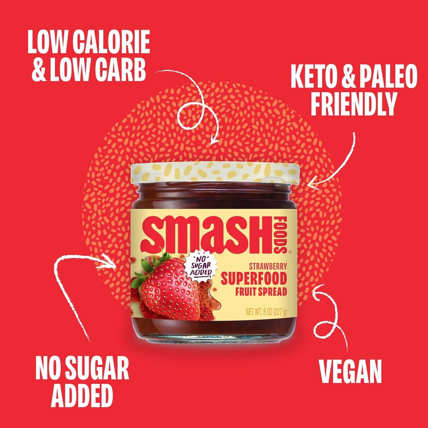 Smash Foods Strawberry Jam | Low-Calorie, No Sugar Added Keto Jam with Upcycled Fruit & Chia Seeds | Vegan, Paleo Superfood Fruit Spread (1 Jar)