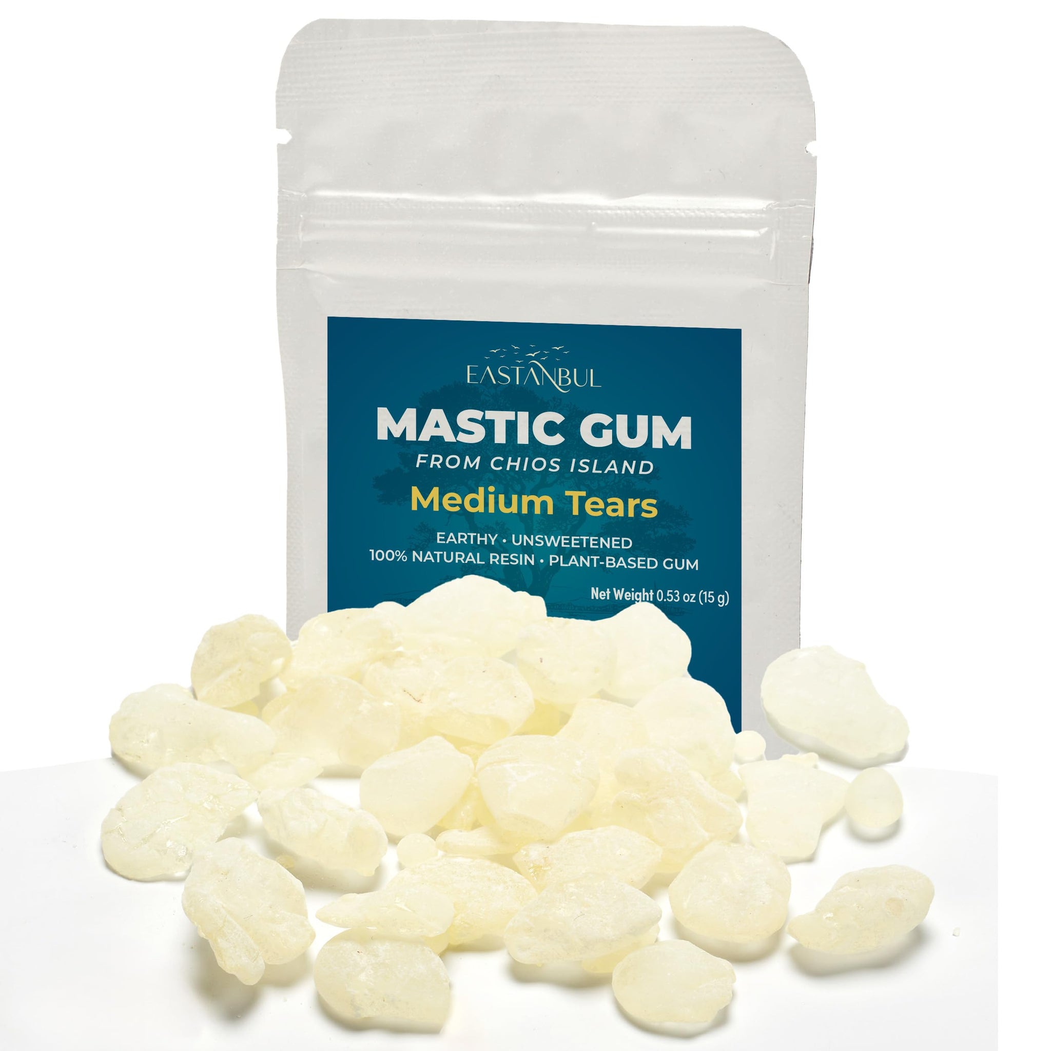 Eastanbul Mastic Gum Chewing Gum, 0.53oz (15g), Mastic Chewing Mewing for Jawline, Natural Tears in Resealable Bag, Medium Sized Natural Tears