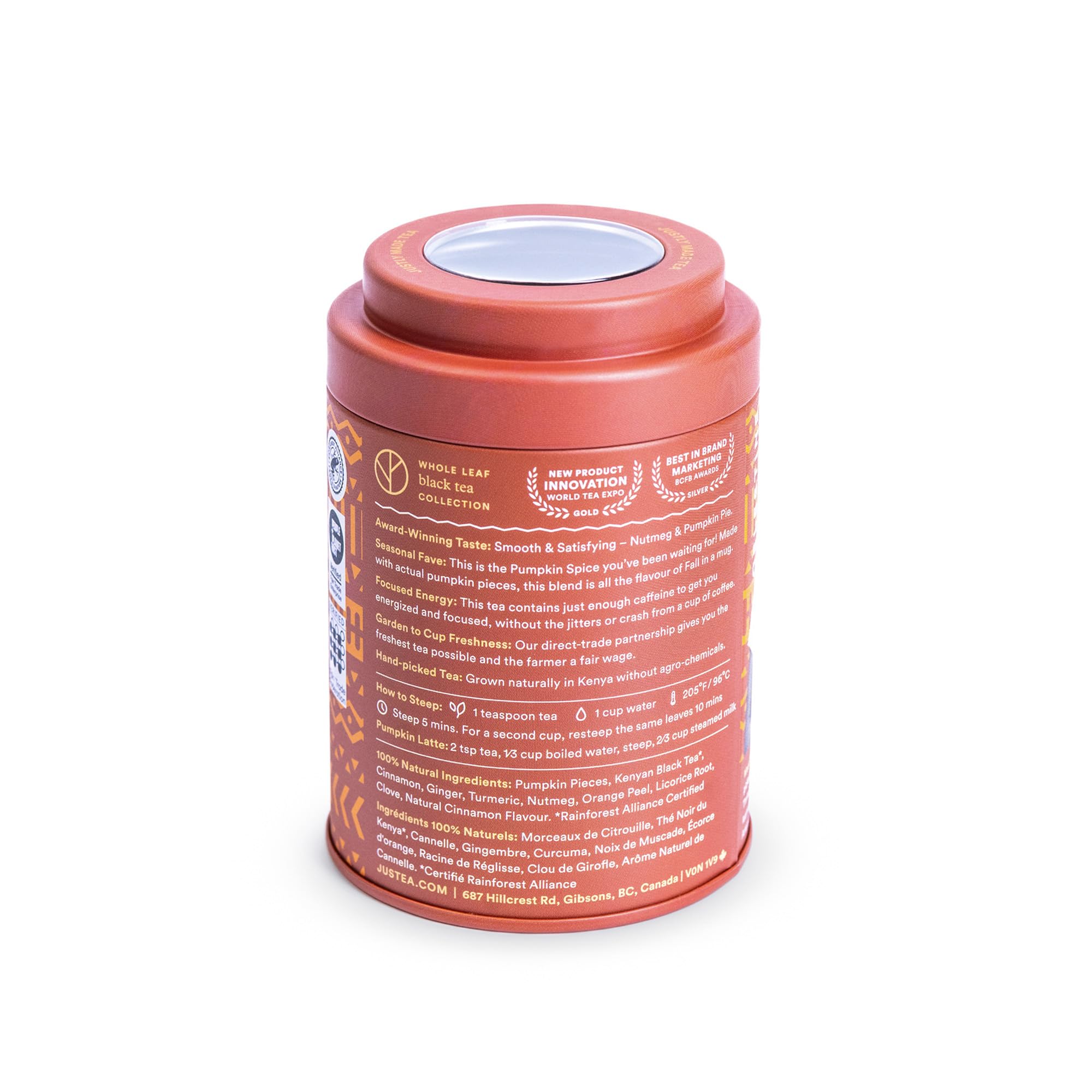 JusTea PUMPKIN SPICE | Loose Leaf Black Tea | Tin with Hand Carved Tea Spoon | 40+ Cups (4.2oz) | Medium Caffeine | Award-Winning | Fair Trade |