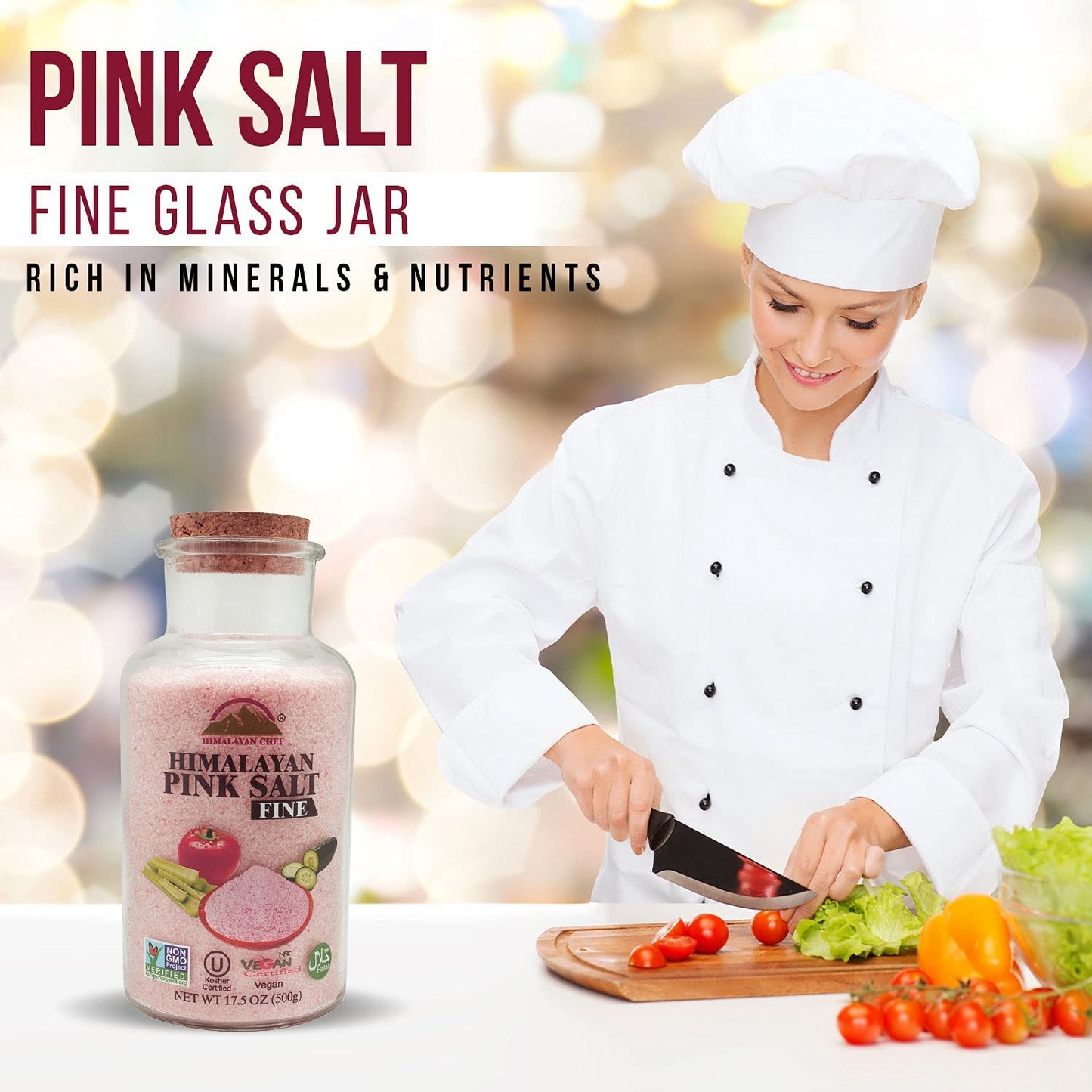 Himalayan Chef Pink Himalayan Salt, Wide Mouth Glass Jar with Cork Stopper, Reusable, 17.5 Ounce (PACK OF 6)