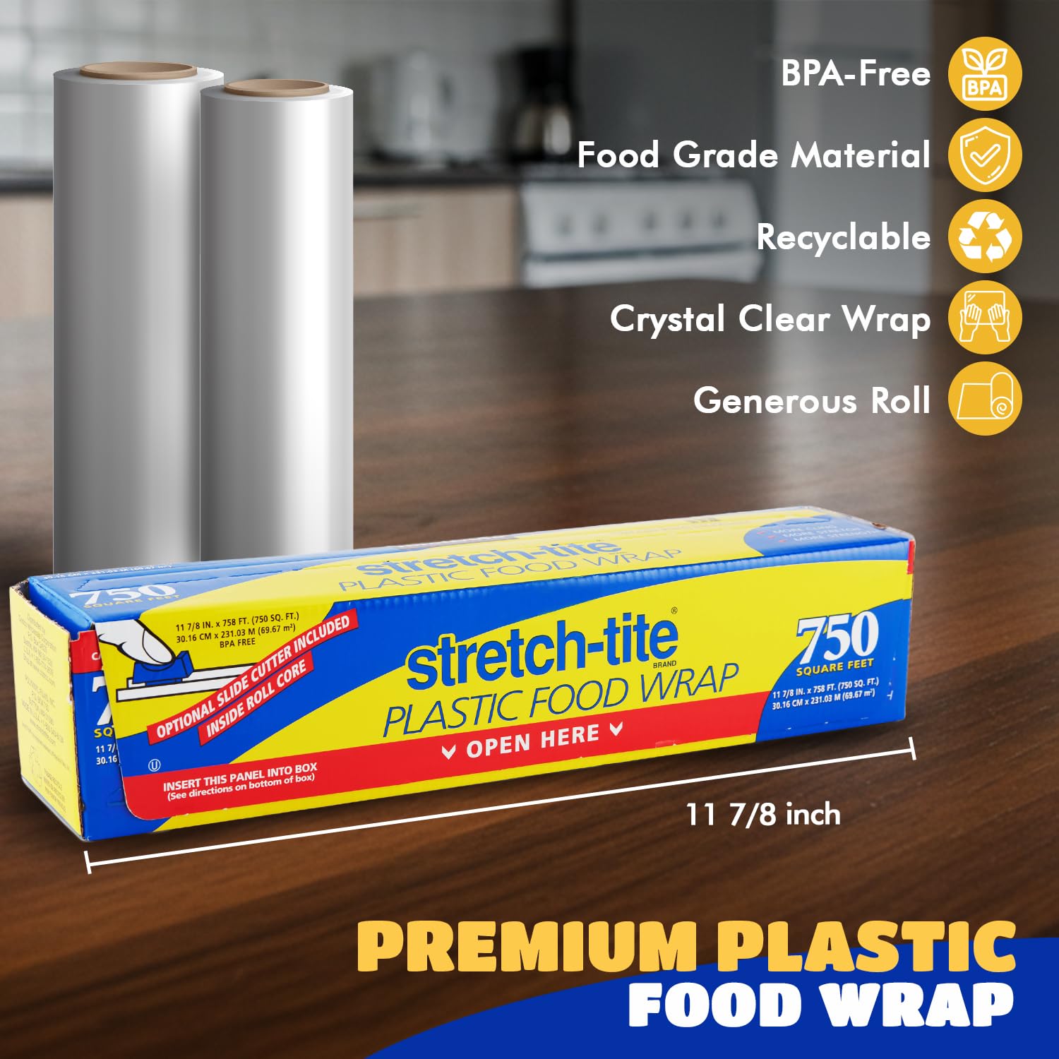 Stretch Tite Plastic Wrap For Food With Slide Cutter 750 Sq. Ft 11 7/8 Inch. Pack Of 2 With a Scooply Bag Clip