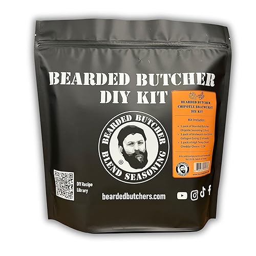 Bearded Butchers Chipotle Bratwurst DIY Kit - Make Smoky & Savory Homemade Brats - Includes Chipotle Seasoning, High Temp Cheddar Cheese, and 32mm