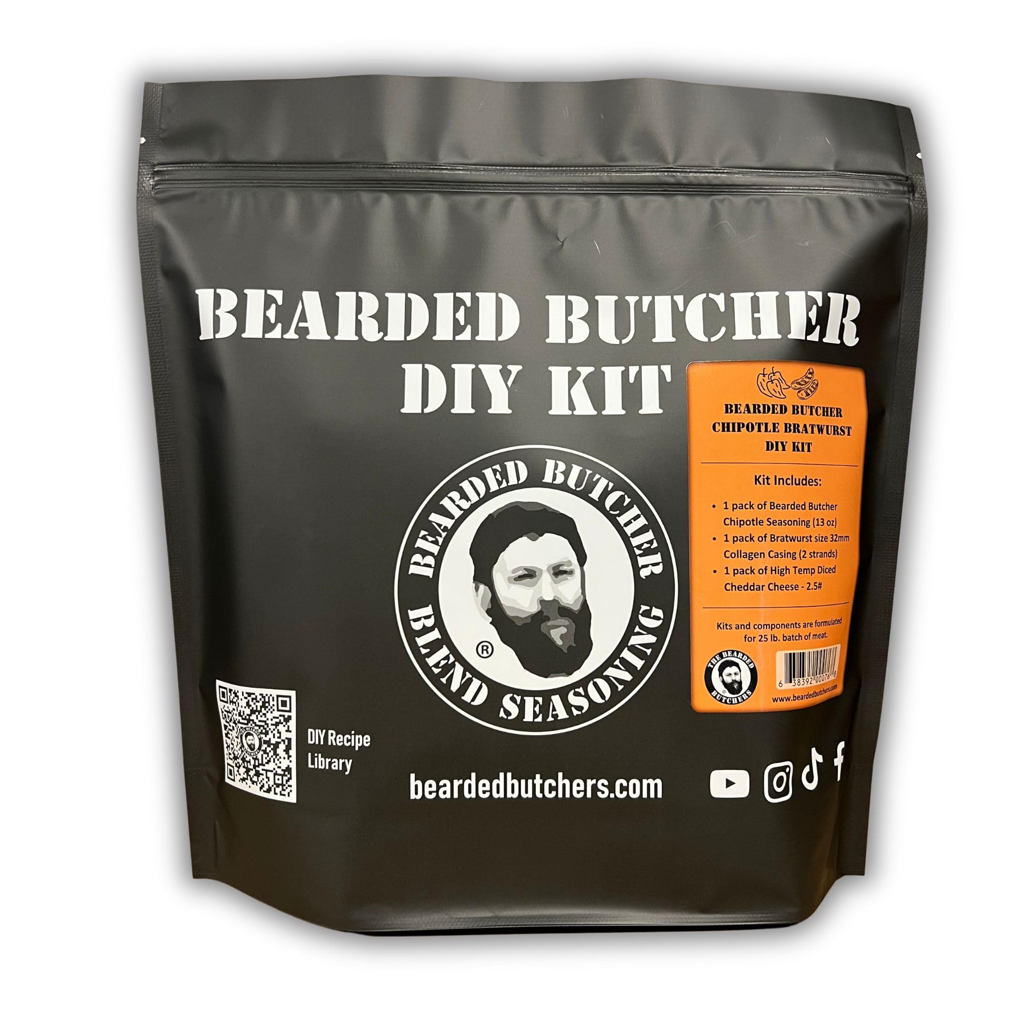 Bearded Butchers Chipotle Bratwurst DIY Kit - Make Smoky & Savory Homemade Brats - Includes Chipotle Seasoning, High Temp Cheddar Cheese, and 32mm