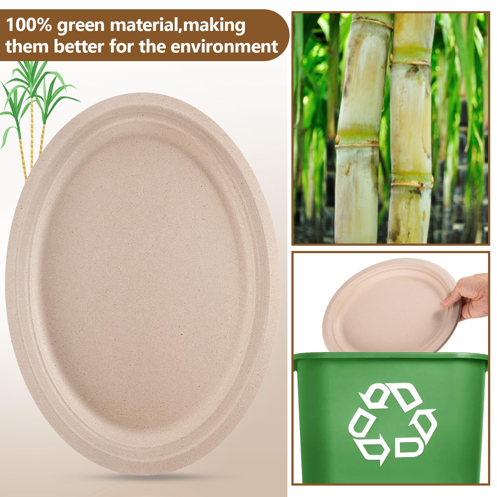 Gabotrie 120 Pack Oval Paper Plates, 100% Compostable Oval Plate, 12 inch Disposable Paper Plate Heavy Duty, Natural Unbleached Bagasse Eco-Friendly