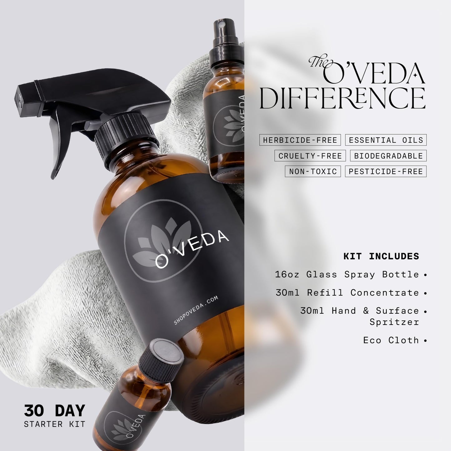 O'VEDA Starter Kit - Multi-Purpose Cleaning Bundle with 1 Concentrate & 1 Spritzer Refill Bottle (30ml each), 16oz Spray Bottle & Cleaning Cloth