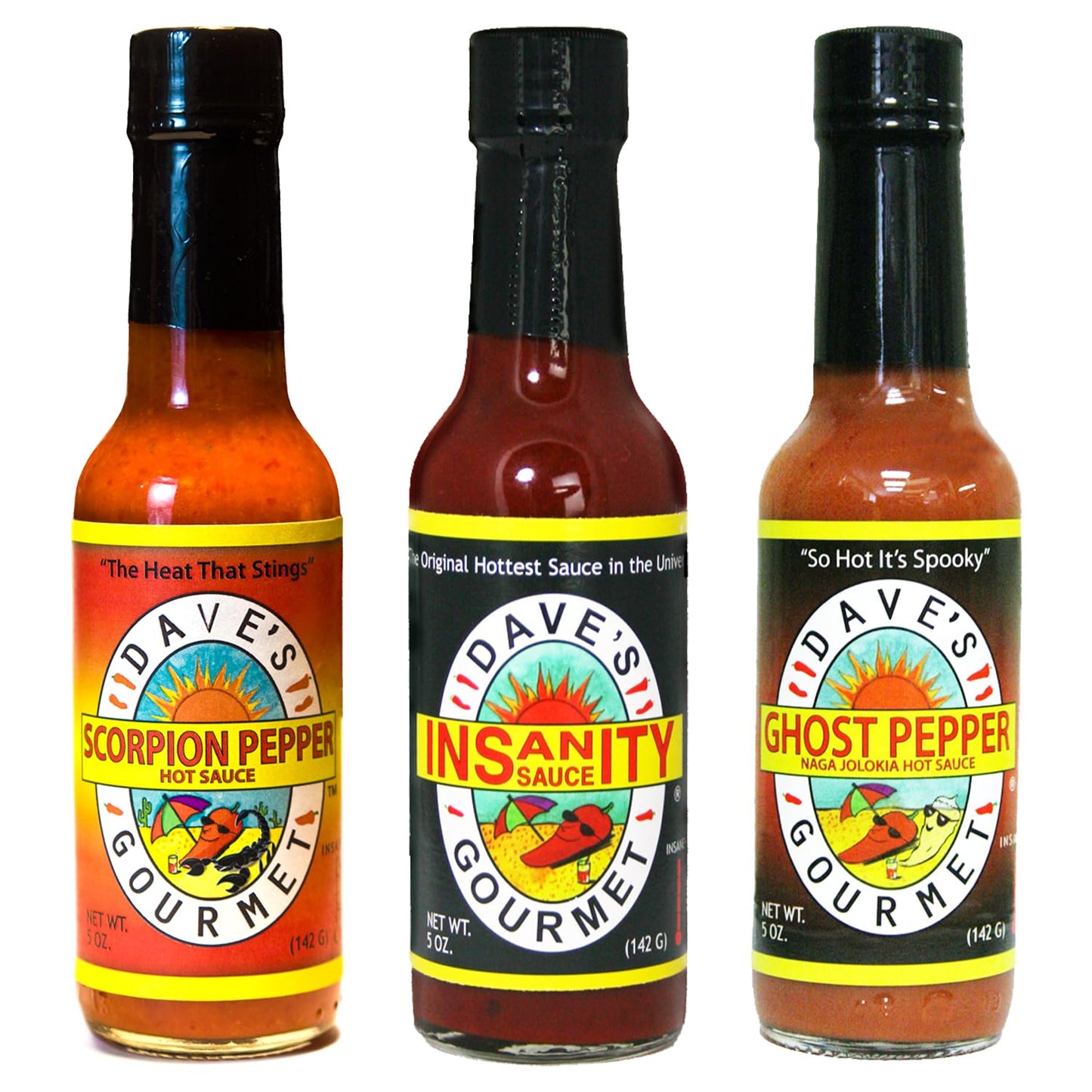 Dave’s Gourmet Super Spicy Hot Sauce Variety 3 Pack - Includes Insanity, Ghost Pepper Naga Jolokia & Scorpion Pepper - Hottest Hot Sauce - No