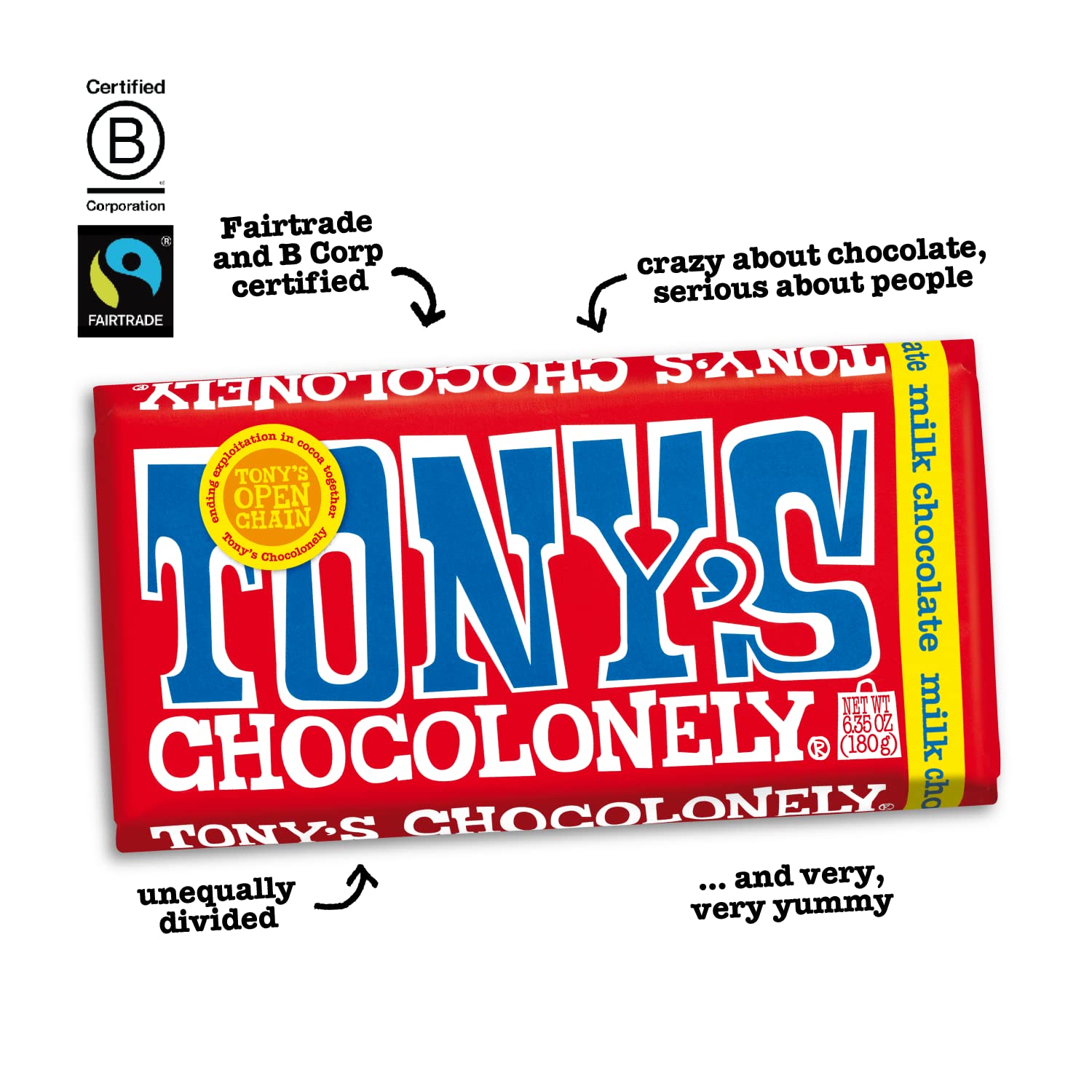 Tony’s Chocolonely Belgian Milk Chocolate Candy Bar, Pure Chocolate Bar for Snacks, Party Favors, Gifts, or Gift Basket, 32% Cacao, Made From Quality