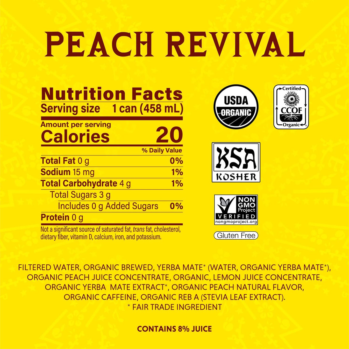 Yerba Madre Organic Yerba Mate, Clean Energy Drink Alternative, Peach Revival, 15.5oz, 150mg Caffeine