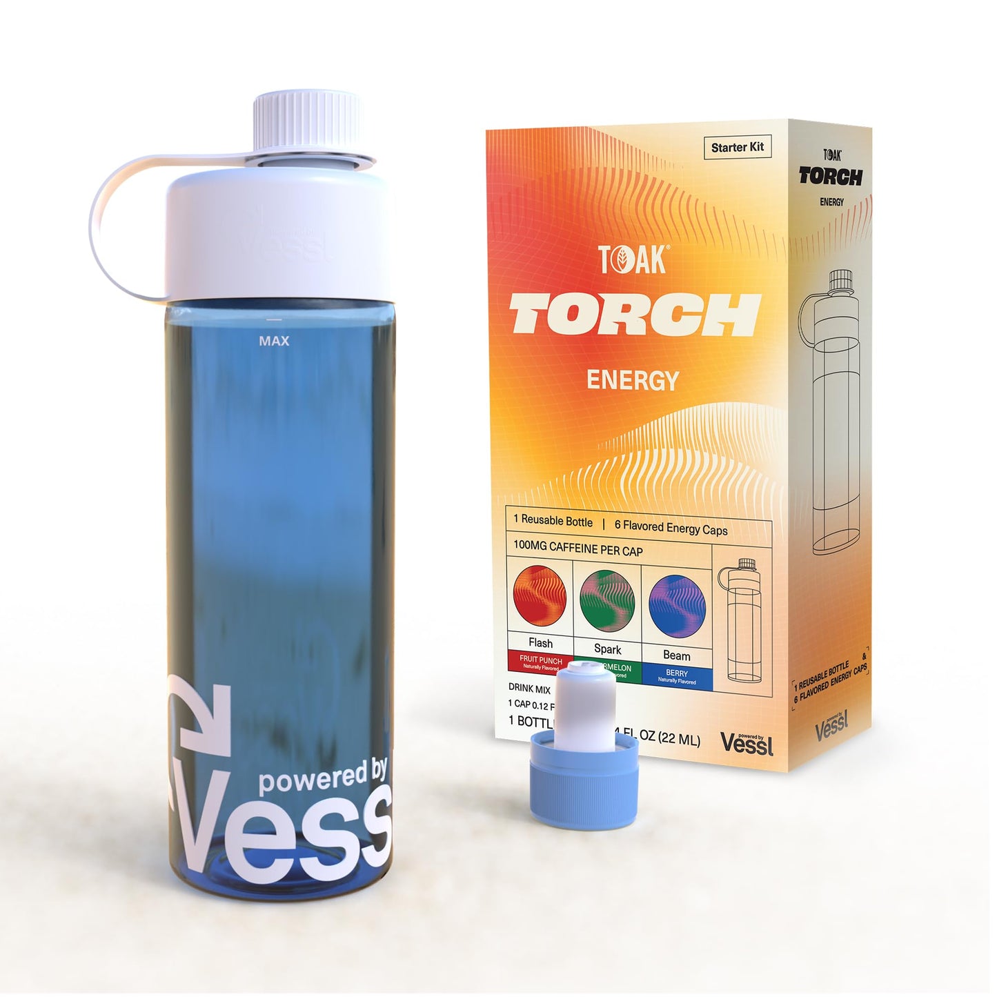 Torch Energy Starter Kit: Sugar Free Energy Drink Mix, Caffeine Drink Mix, Reusable Bottle, Six Caps, 3 Flavors (Flash Fruit Punch, Spark Watermelon