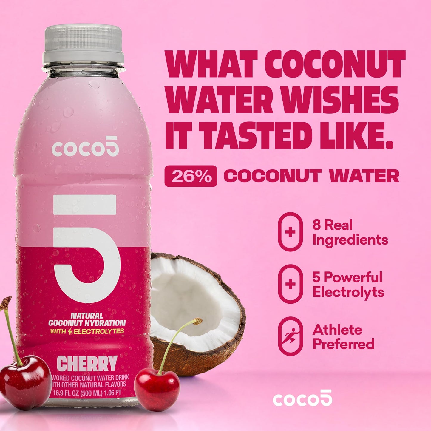 COCO5 Cherry Coconut Water (12 Pack) - Natural Electrolyte Sports Hydration, 50% Less Sugar, Bold Cherry Flavor, Non-GMO, Gluten Free - 16.9 fl oz