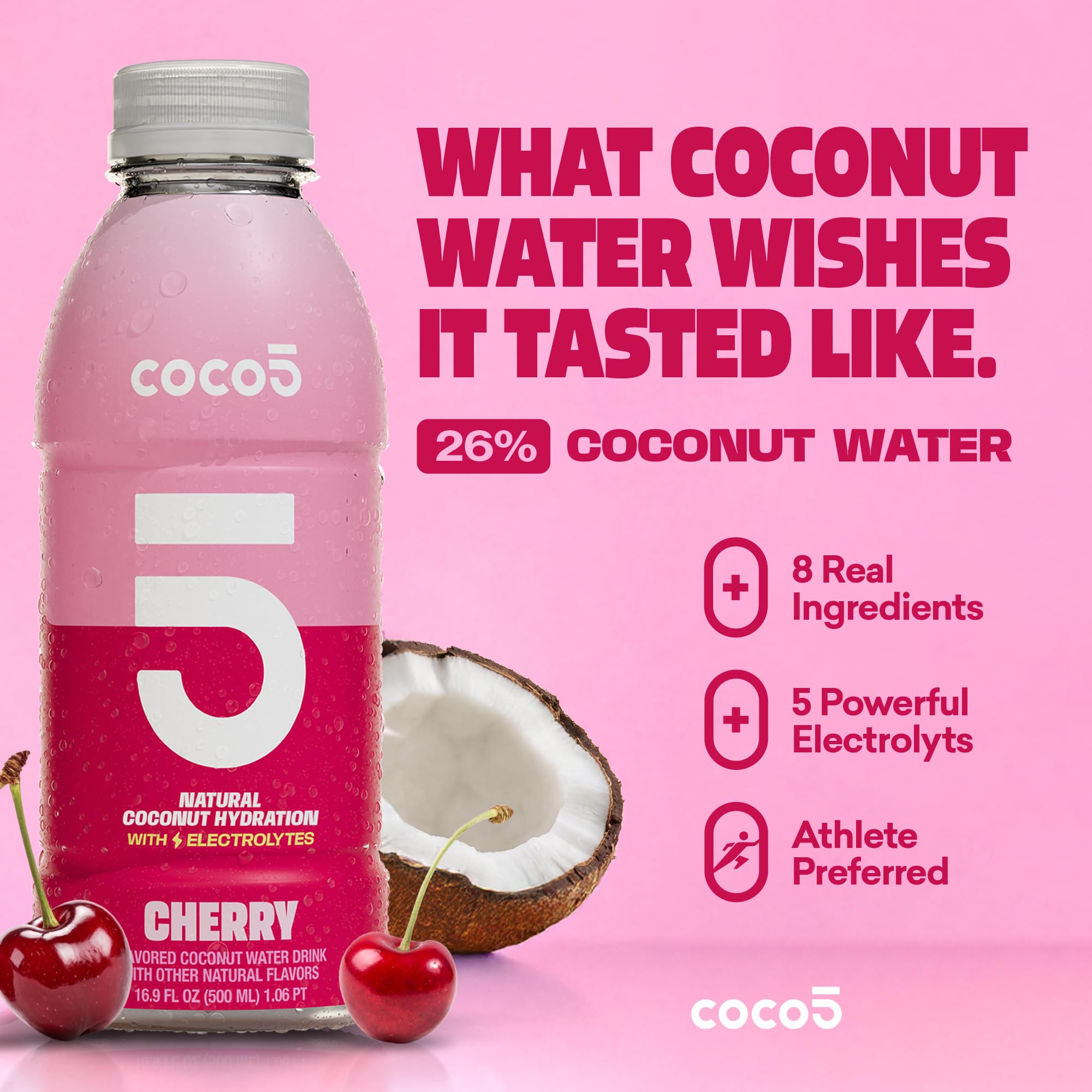 COCO5 Cherry Coconut Water (12 Pack) - Natural Electrolyte Sports Hydration, 50% Less Sugar, Bold Cherry Flavor, Non-GMO, Gluten Free - 16.9 fl oz
