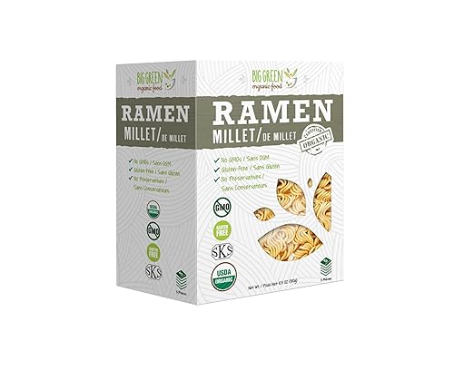 Big Green Organic Food- Organic Millet Ramen, Gluten-Free, Lectin-Free, Non-GMO, Vegan, Wheat and Rice Alternative (2.11 Ounce (5 Pieces))