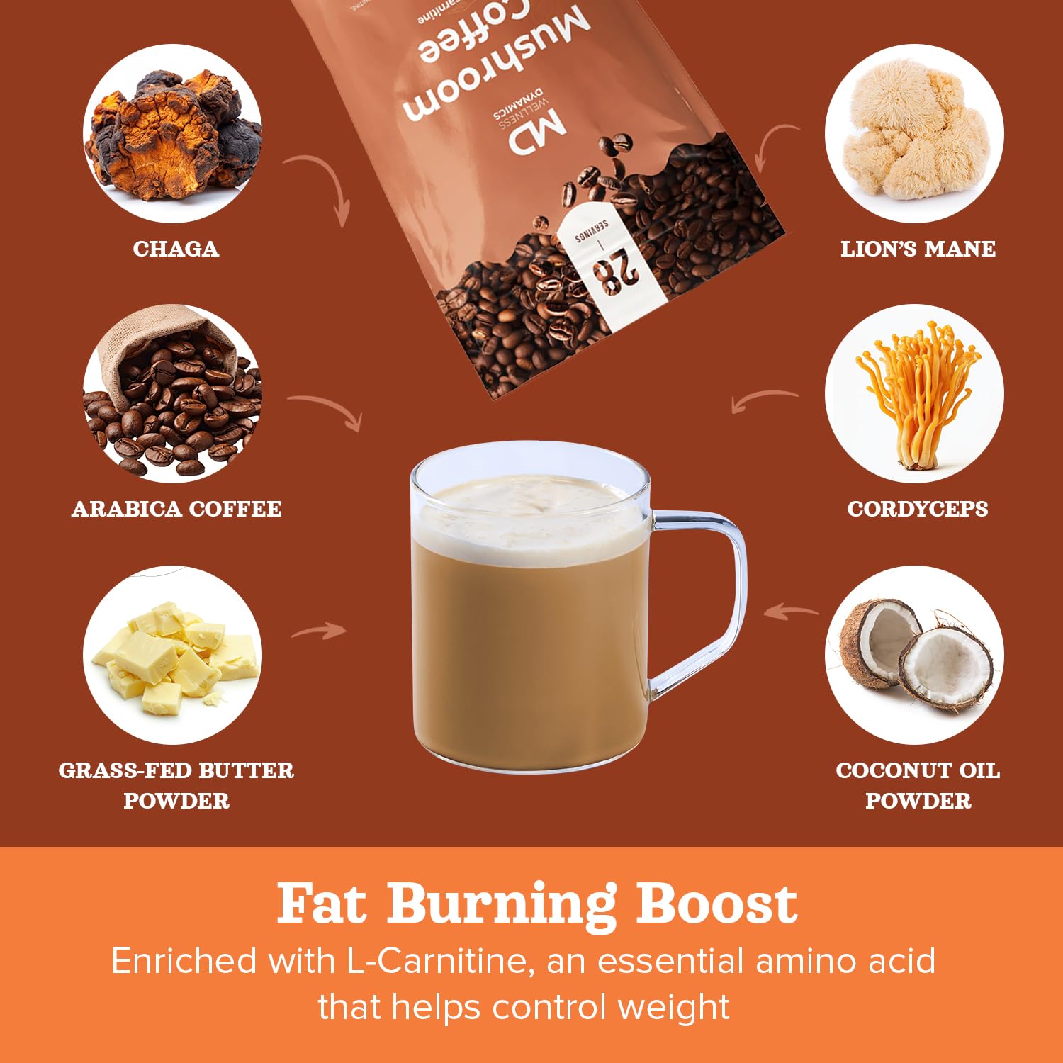 md wellness dynamics Mushroom Coffee with L Carnitine, Coconut Oil, & Grass Feed Butter - Lion’s Mane Reishi Chaga Cordyceps Smooth Energy Metabolism