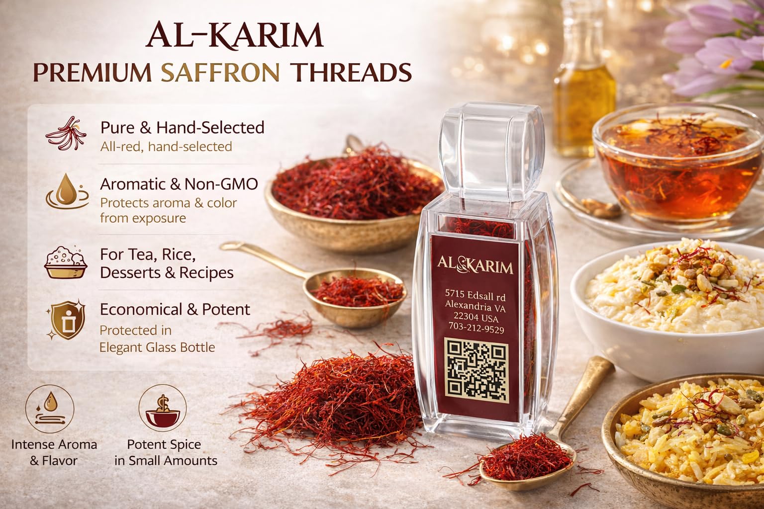 AL-KARIM Premium Saffron Threads, Pure All-Red Aromatic Saffron, Non-GMO, Glass Bottle