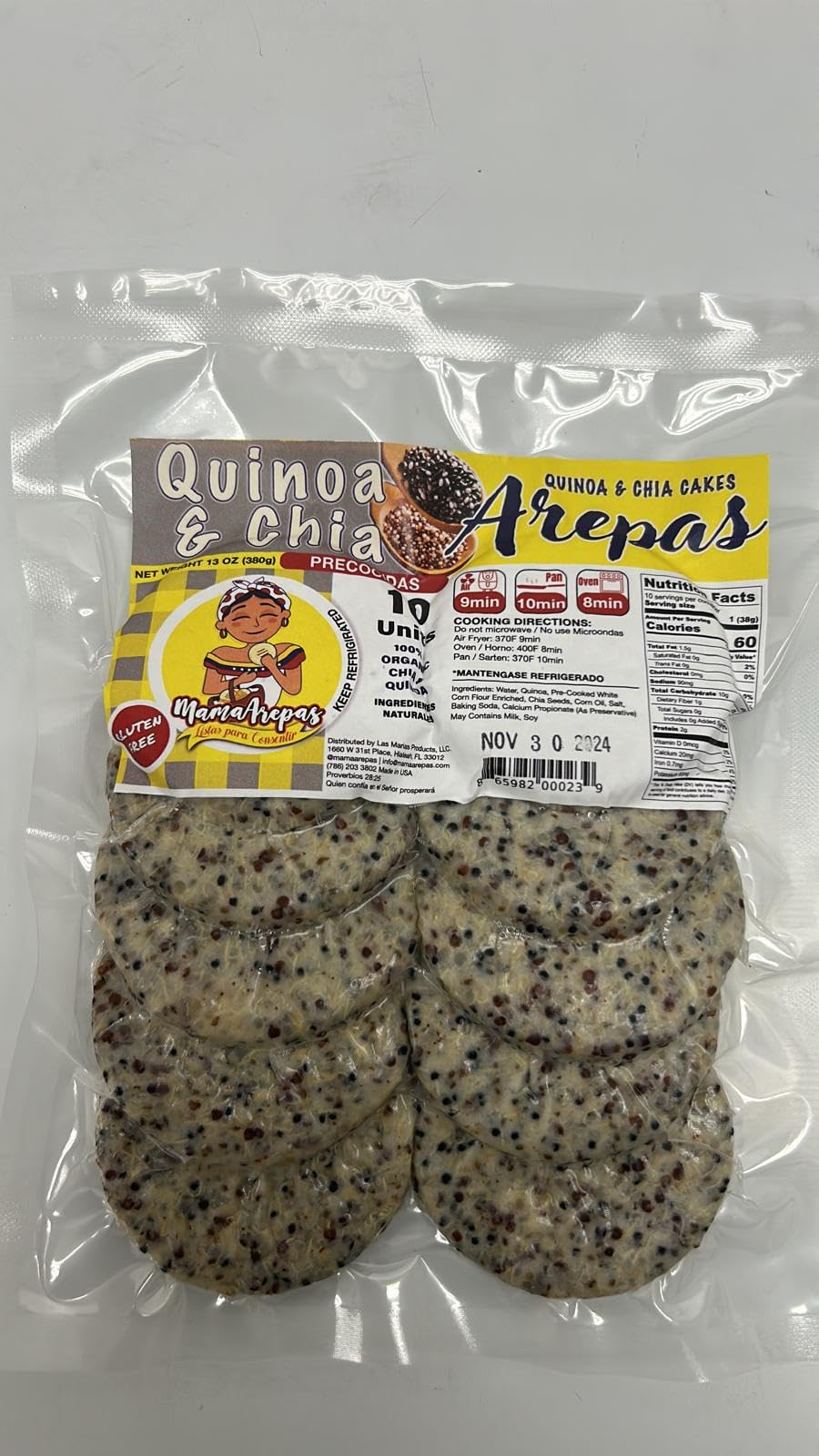 Mama Arepas Gluten-Free Arepas, Pre-Cooked, 10 Count (Chia & Quinoa)