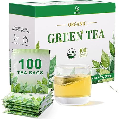 Soeos Organic Green Tea, 6.3 oz (180g), 100 Tea Bags, Refreshing and Fragrant, Sustainably Sourced, Ideal for Hot or Iced Tea, Long-Lasting Freshness