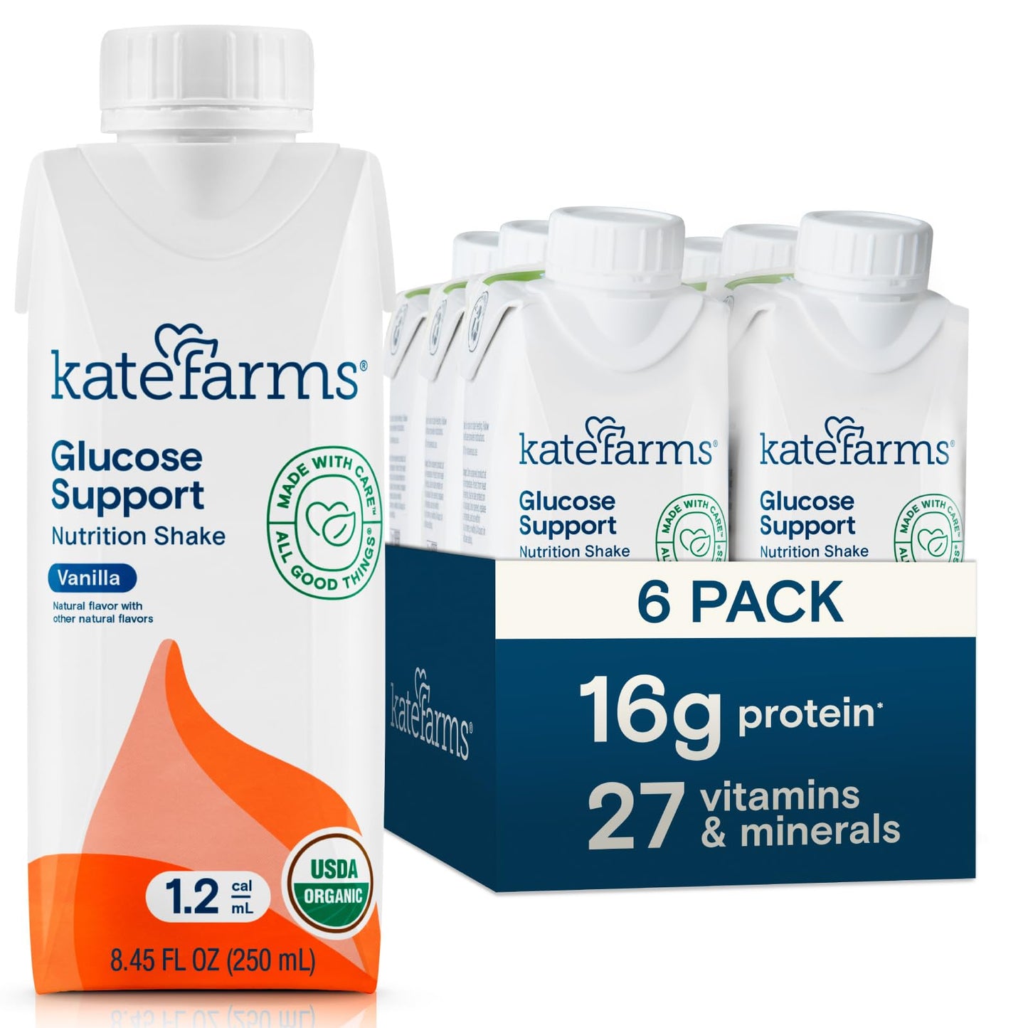 KATE FARMS Organic 1.2 Glucose Support Shake, Vanilla, 16g Protein, 27 Vitamins and Minerals, Meal Replacement, 8.45 oz (6 Pack)