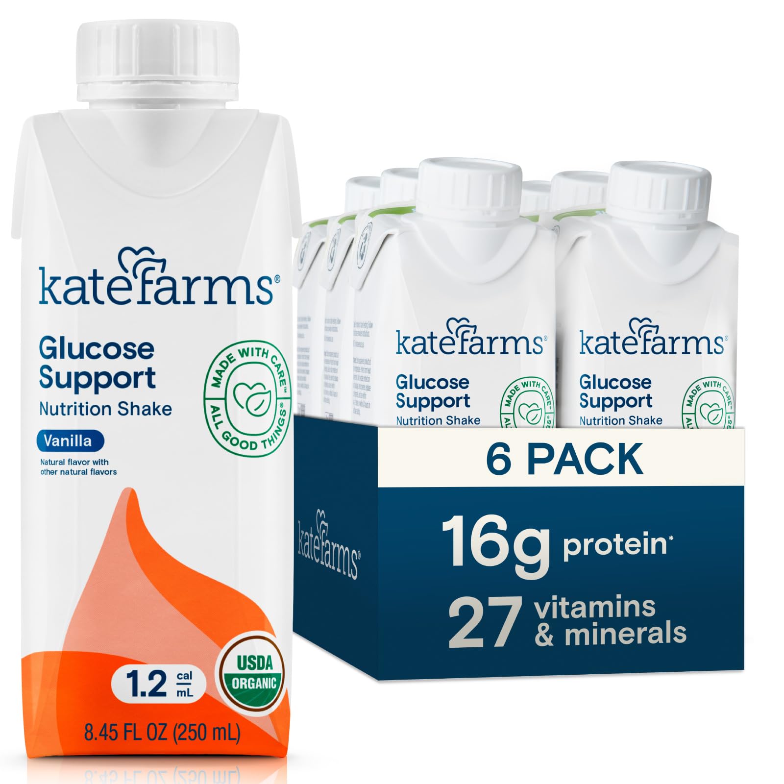 KATE FARMS Organic 1.2 Glucose Support Shake, Vanilla, 16g Protein, 27 Vitamins and Minerals, Meal Replacement, 8.45 oz (6 Pack)