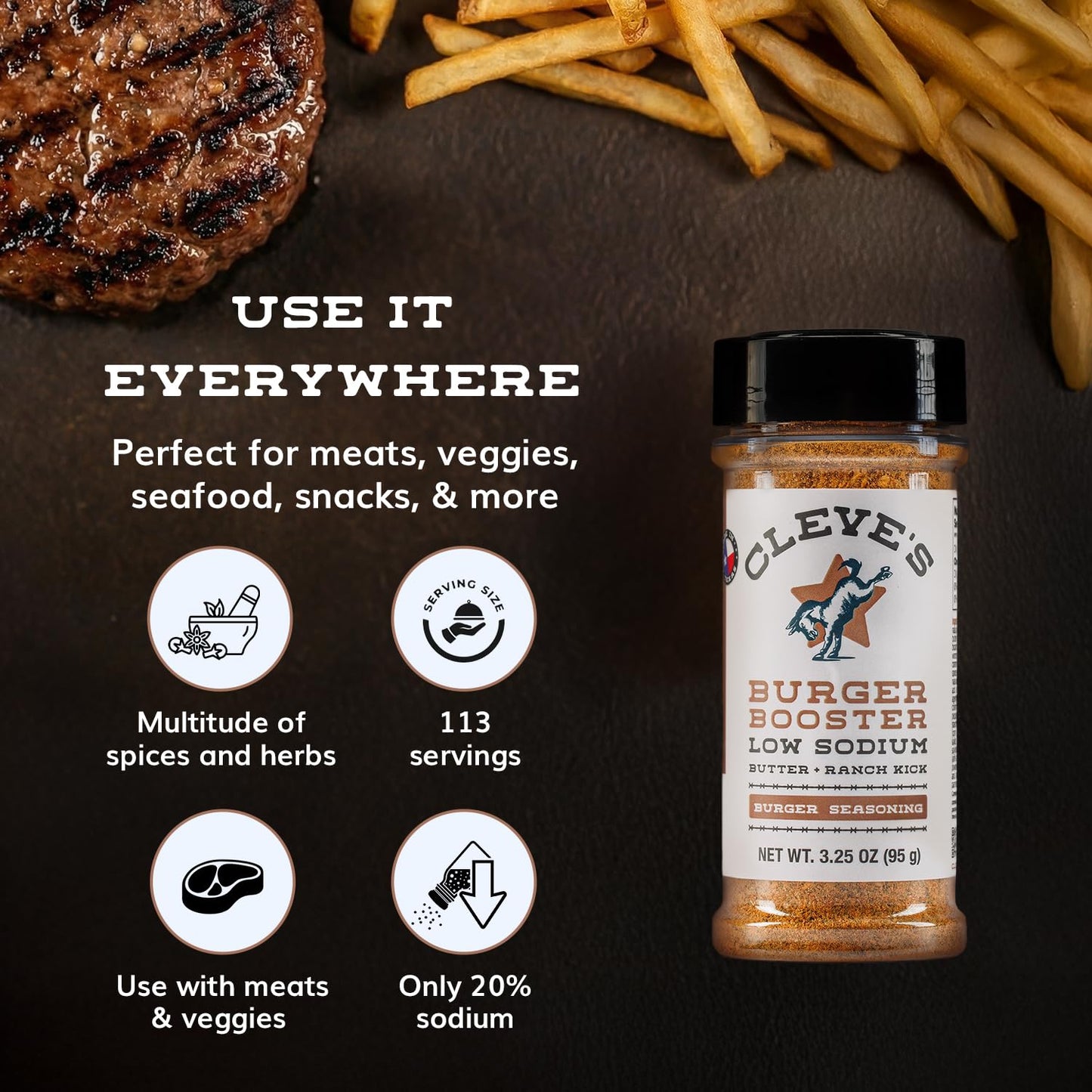 Cleve's Gourmet Burger Booster Butter Ranch Kick, Beef, Bison and Beyond Burger Seasoning for Grilling & Cooking, 3.25 oz