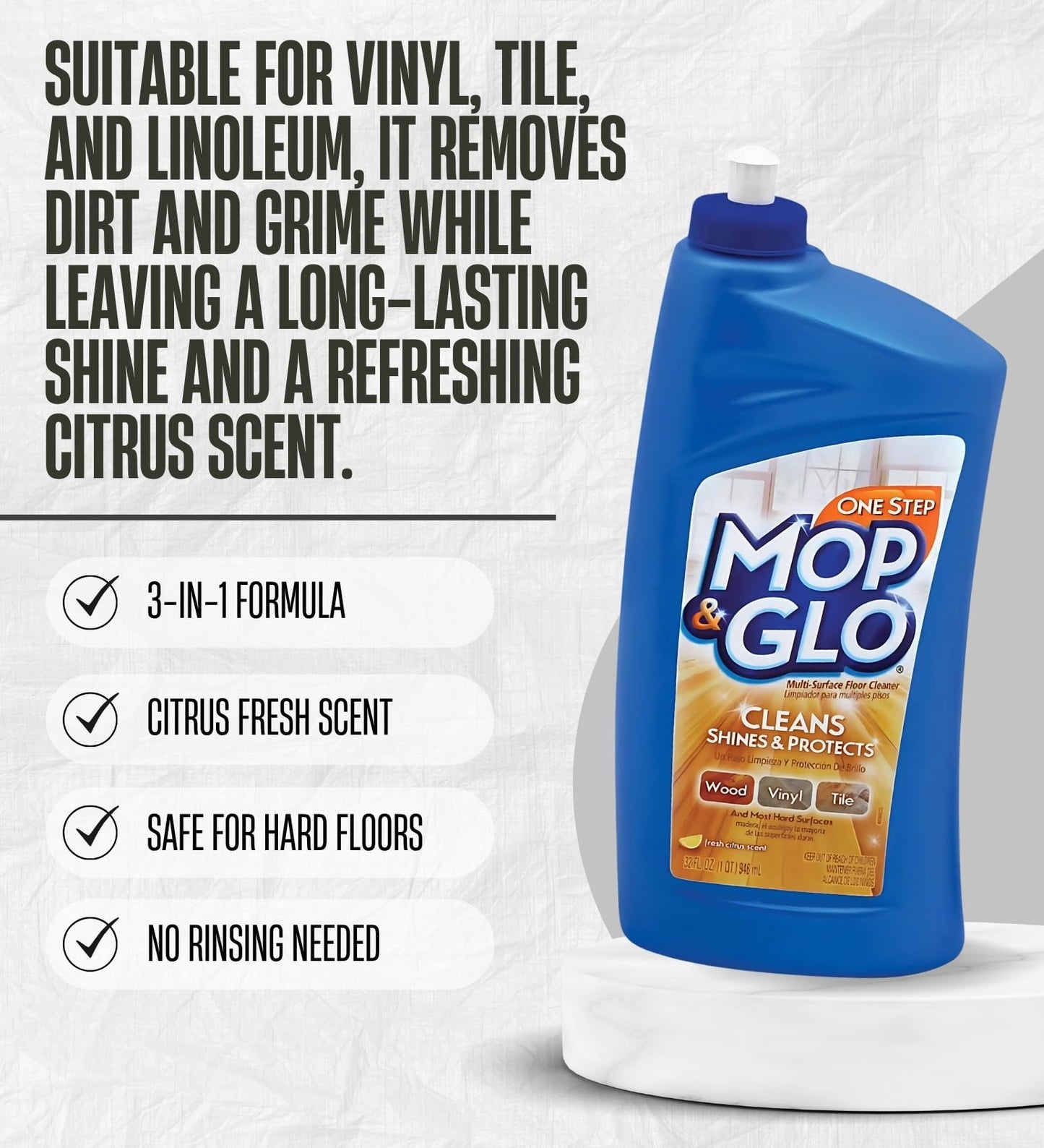 Mop & Glo Citrus Scent Floor Cleaner Liquid 32 oz 2x Bundle with Microfiber Cloth - Mop-Glo Floors Cleaner, Mop and Glo Floor Shine for Wood, Tile