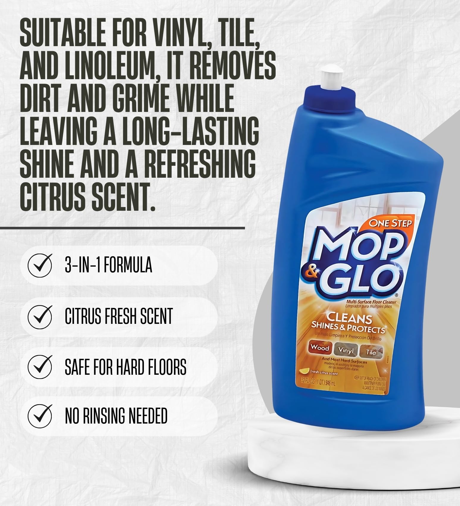 Mop & Glo Citrus Scent Floor Cleaner Liquid 32 oz 2x Bundle with Microfiber Cloth - Mop-Glo Floors Cleaner, Mop and Glo Floor Shine for Wood, Tile