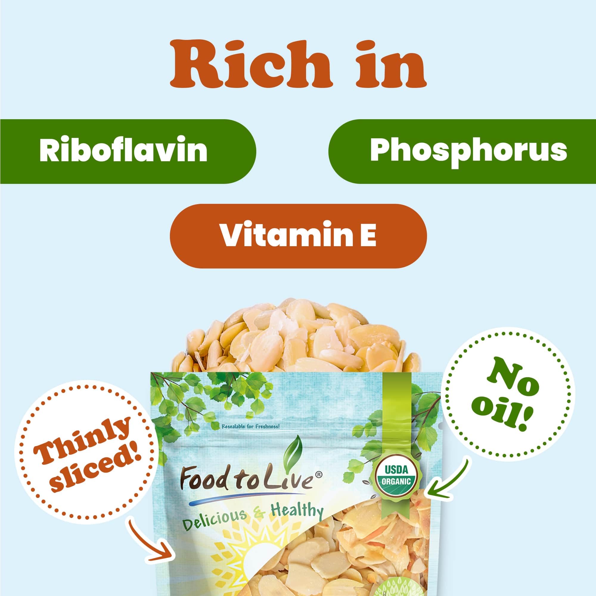Food to Live - Organic Toasted Blanched Sliced Almonds, 12 Ounces - Unsalted & Dry Roasted, Premium Non-GMO Almond Nuts, Perfect for Salads, Snacks