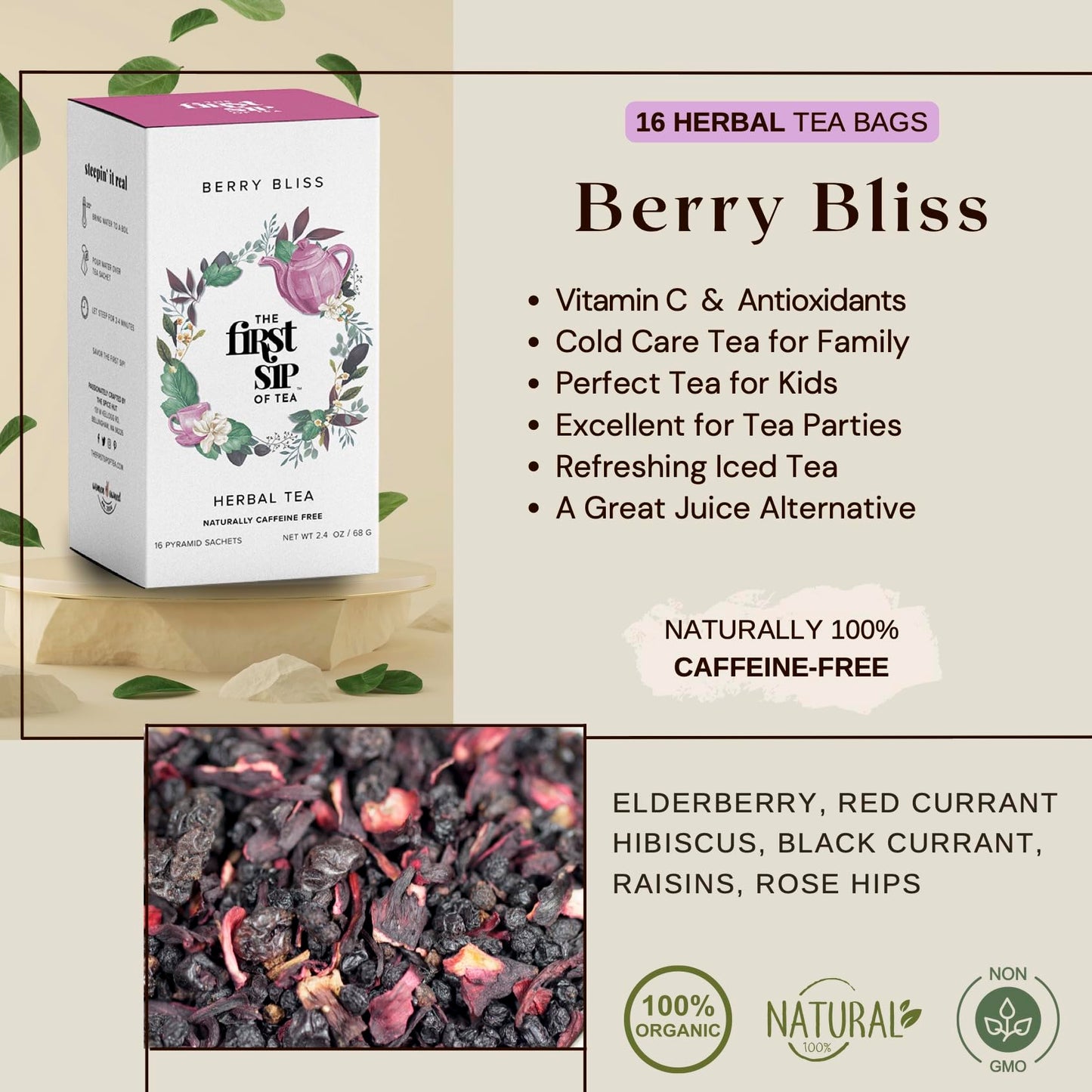 Berry Bliss, Elderberry Hibiscus & Currant Tea Bags - Cold Care for Kids - Caffeine Free - Immune Boost Herbal Tea - 16 Cups | The Spice Hut, First