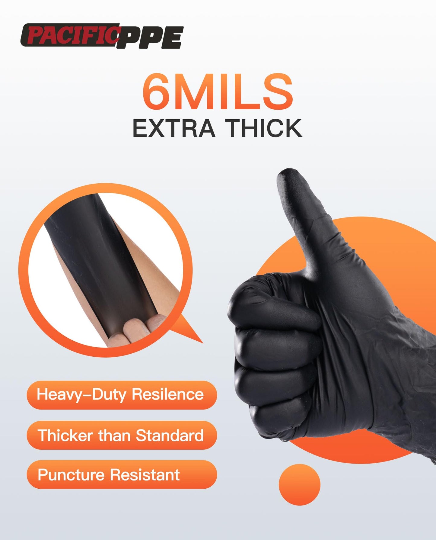 PACIFIC PPE 6-mil Heavy Duty Black Nitrile Gloves, Chemical Resistant, Food Safe, Latex Free Disposable Gloves for Mechanic, Cooking, and Cleaning