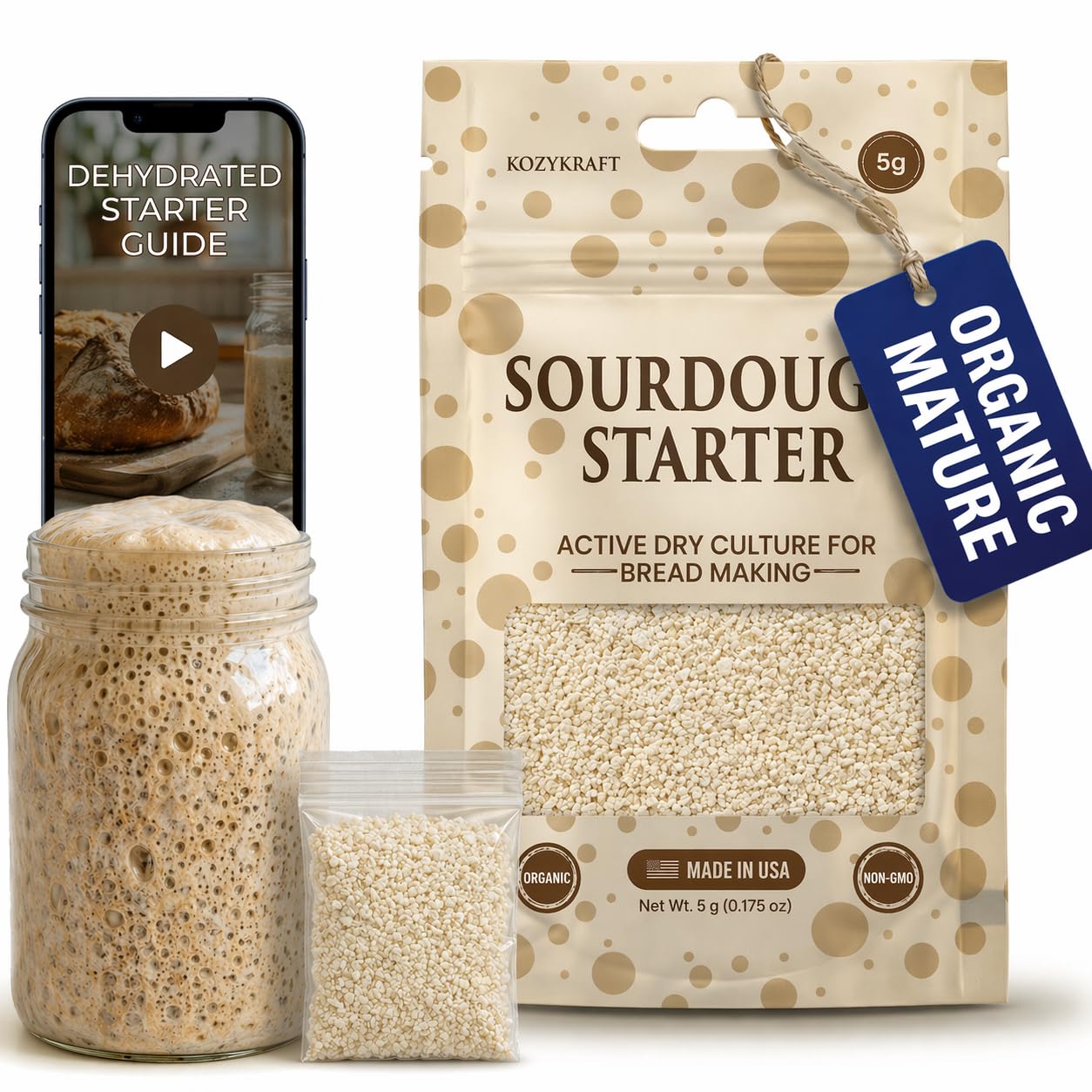 Sourdough Starter Culture - Dehydrated Wild Dry Yeast for Baking Homemade Artisan Bread - Organic, Non-GMO, Fresh, Long-Lasting & Beginner-Friendly (5