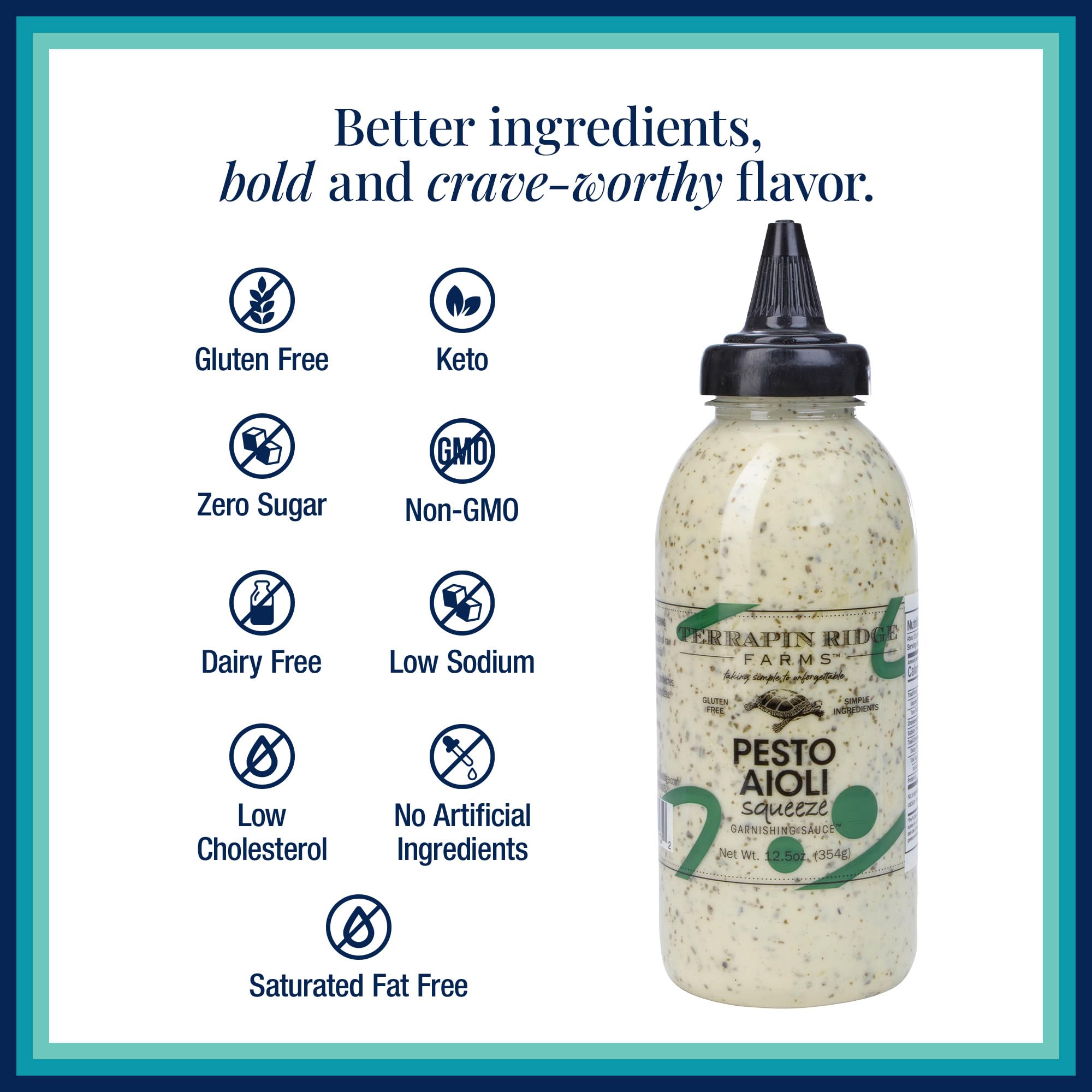 Terrapin Ridge Farms Pesto Aioli Garnishing Sauce - Bright Basil & Garlic Flavor - Perfect for Grilled Chicken, Sandwiches, and Veggies - 12.5 oz
