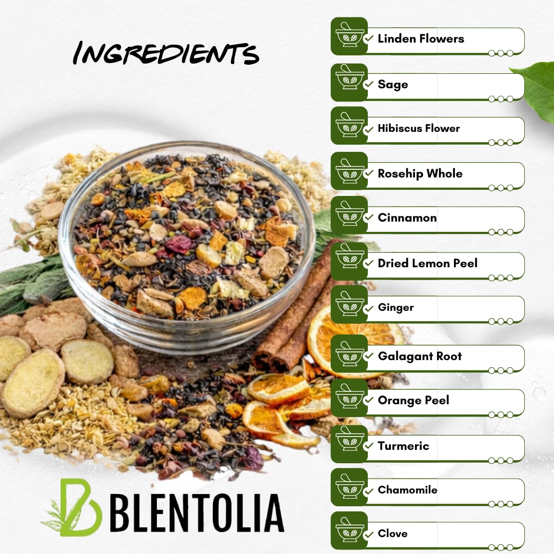Blentolia Multi Fruit & Herbal Tea Blend with Linden, Sage, Rosehip, Ginger & Hibiscus - 12 Fruits, Herbs & Spices - Herbal Winter Tea - Loose Leaf