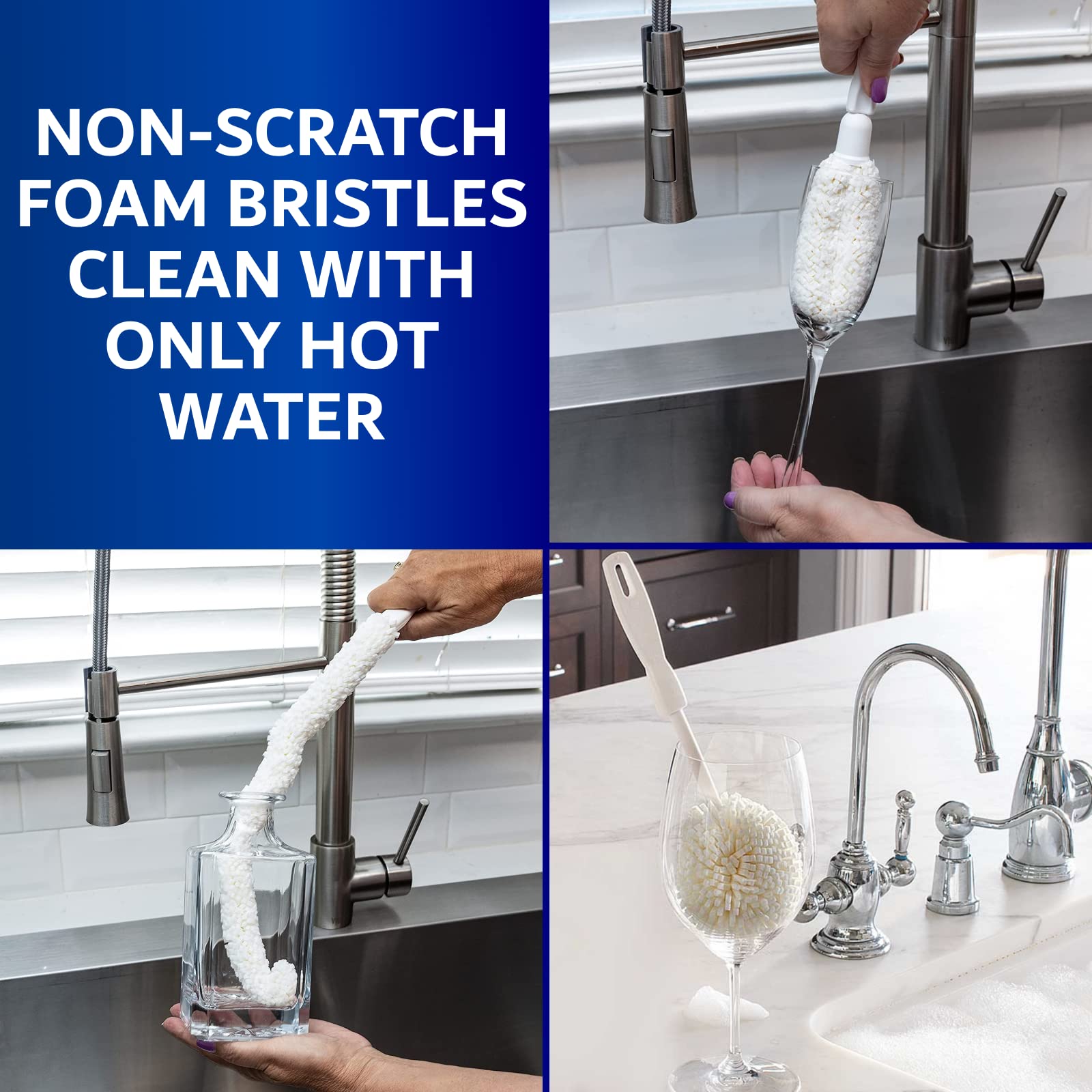 Set of 3 Glassware Cleaning Brush Kit - Non-Scratch, Foam Wine Glass Cleaning Brush Set for Glassware, Decanter, Mug, Stemware - for Home, Restaurant