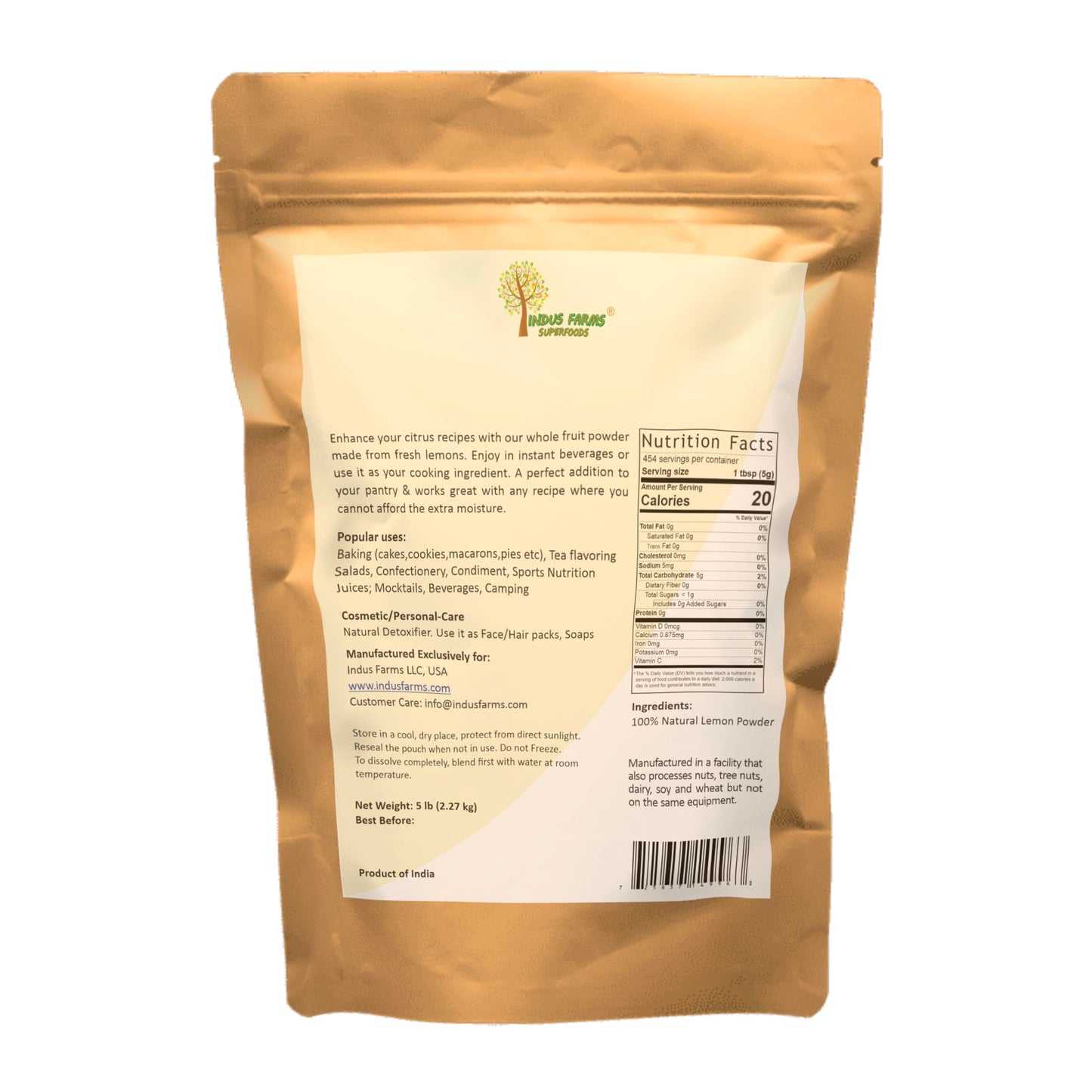 Indus Farms Lemon Juice Powder - Made from Real Lemons, Fine Easy-Mix Powder for Drinks, Lemonade & Baking - Consistent Citrus Flavor for Marinades
