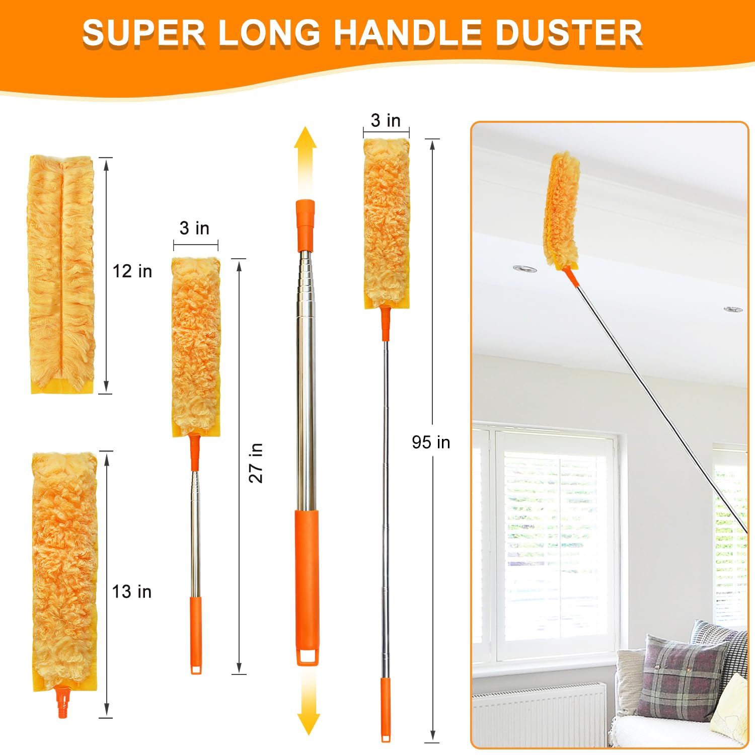 100" Reachable Microfiber Feather Duster, Duster with Extension Pole, 3 pcs Replacement Duster Head, Cleaning Tools for High Ceilings and Fans