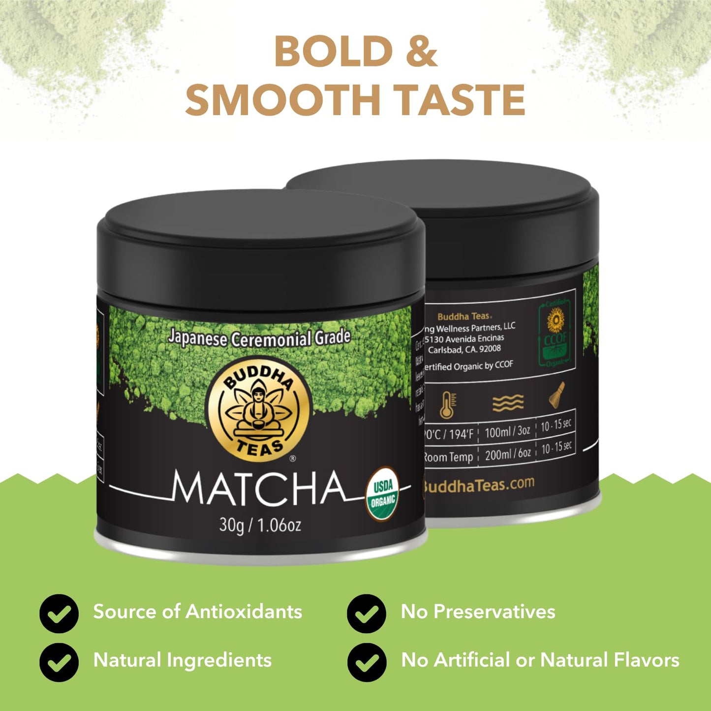 Buddha Teas - Organic Matcha Powder - Japanese Ceremonial Grade - For Health & Wellbeing - With Antioxidants & Minerals - Clean Ingredients