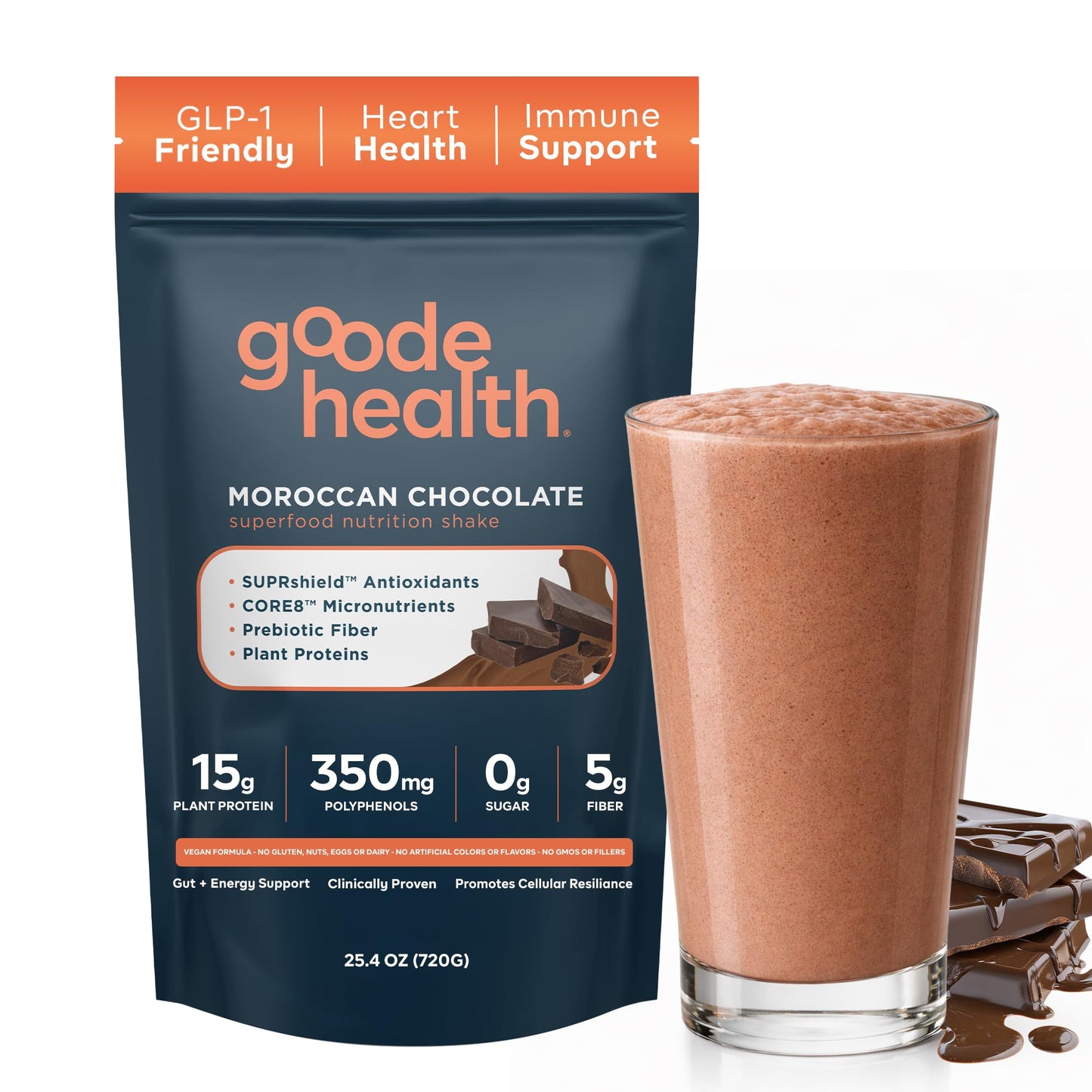 Goode Health Meal Replacement Shake, Moroccan Chocolate - 30g Plant-Based Protein, 180 Cal Per Serving - High Fiber, Zero Sugar, No Artificial