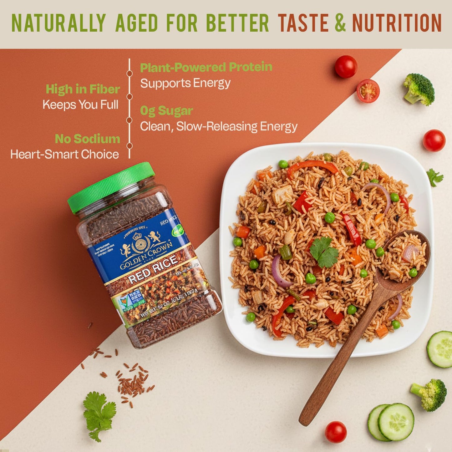 Golden Crown Red Rice | High-Fiber, Naturally Aged Gluten-Free, Non-GMO, Vegan Red Rice | Superfood Rich in Fibre & Antioxidants | Premium Sticky Whole Grain Rice - 32oz (2lb)