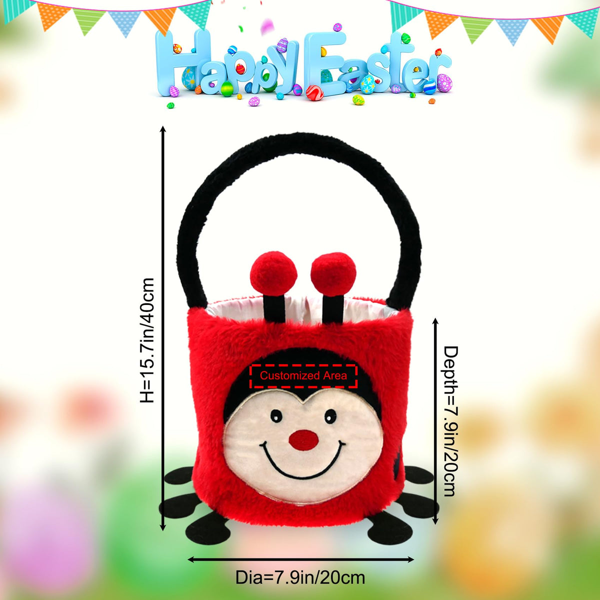 DearSun Exquisite Embroidery ! Personalized Plush Ladybird Basket Easter Egg Hunting Basket with Embroidery Name (Plush Ladybird Basket)