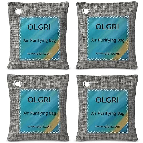 Charcoal Air Purifier Bags by OLGRI - Natural Odor Absorber for Cars, Bathrooms, Closets, Shoes & Pets - 4-Pack Bamboo Deodorizer with Activated