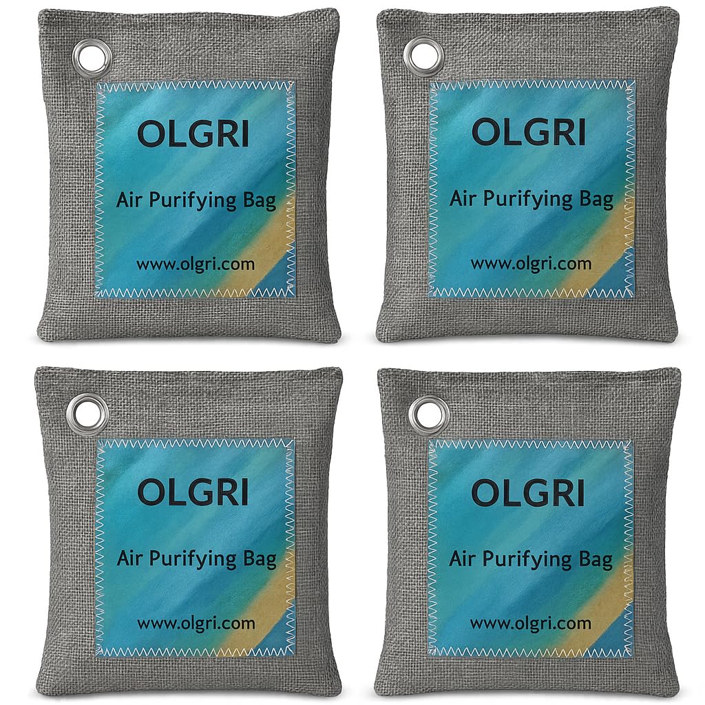 Charcoal Air Purifier Bags by OLGRI - Natural Odor Absorber for Cars, Bathrooms, Closets, Shoes & Pets - 4-Pack Bamboo Deodorizer with Activated