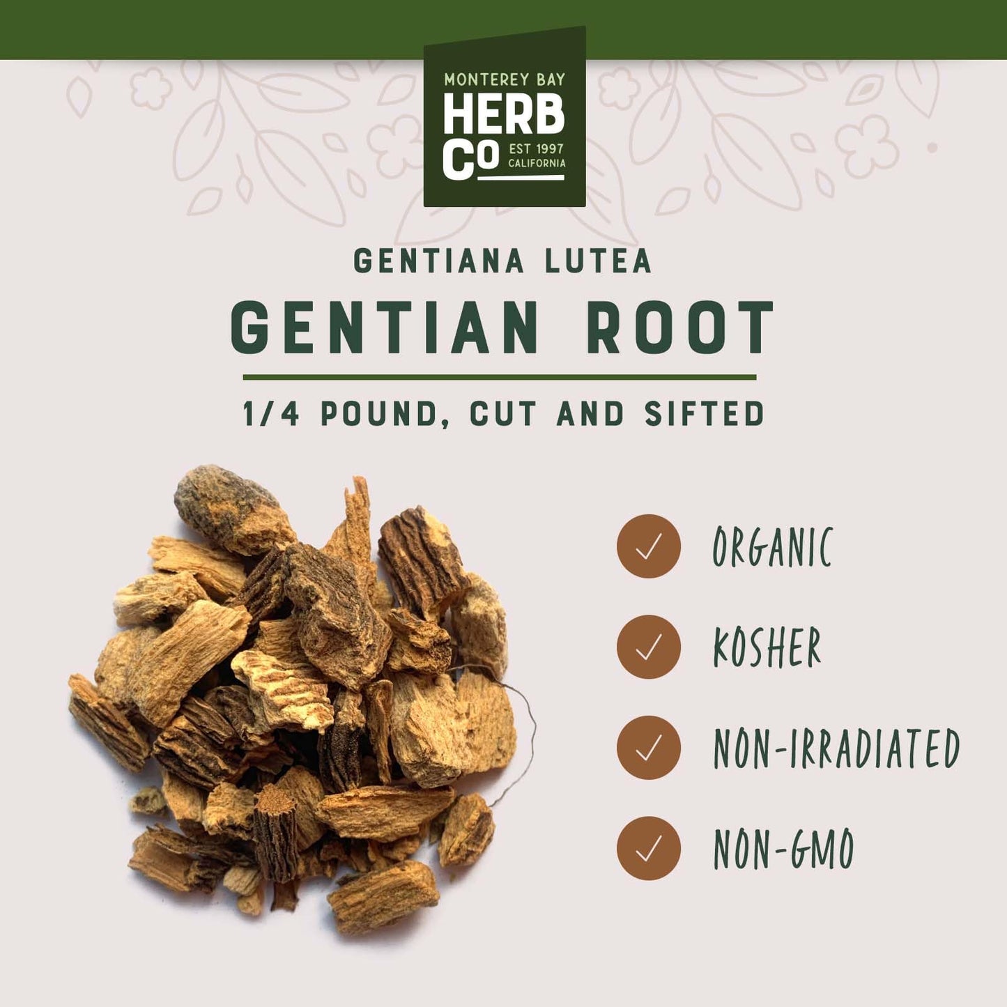 Organic Gentian Root Cut & Sifted, by Herb Co, Gentiana Lutea, Kosher, for Herbal Bitters, Tea Blends, Cocktails & Craft Beer Brewing, 1/4 lb