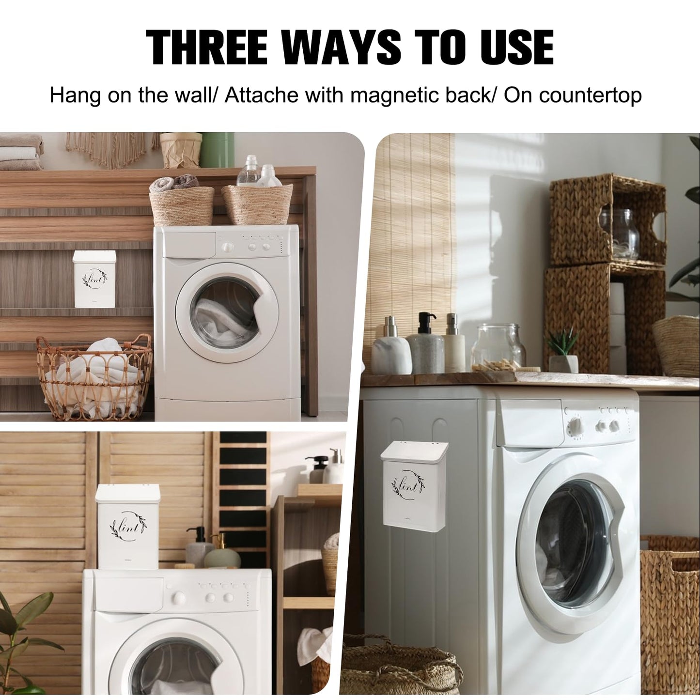 Holismo Magnetic Lint Bin for Laundry Room, Metal Lint Trash Can with Lid for Dryer, Wall Mounted Lint Holder Box with Lint Brush, Modern Farmhouse