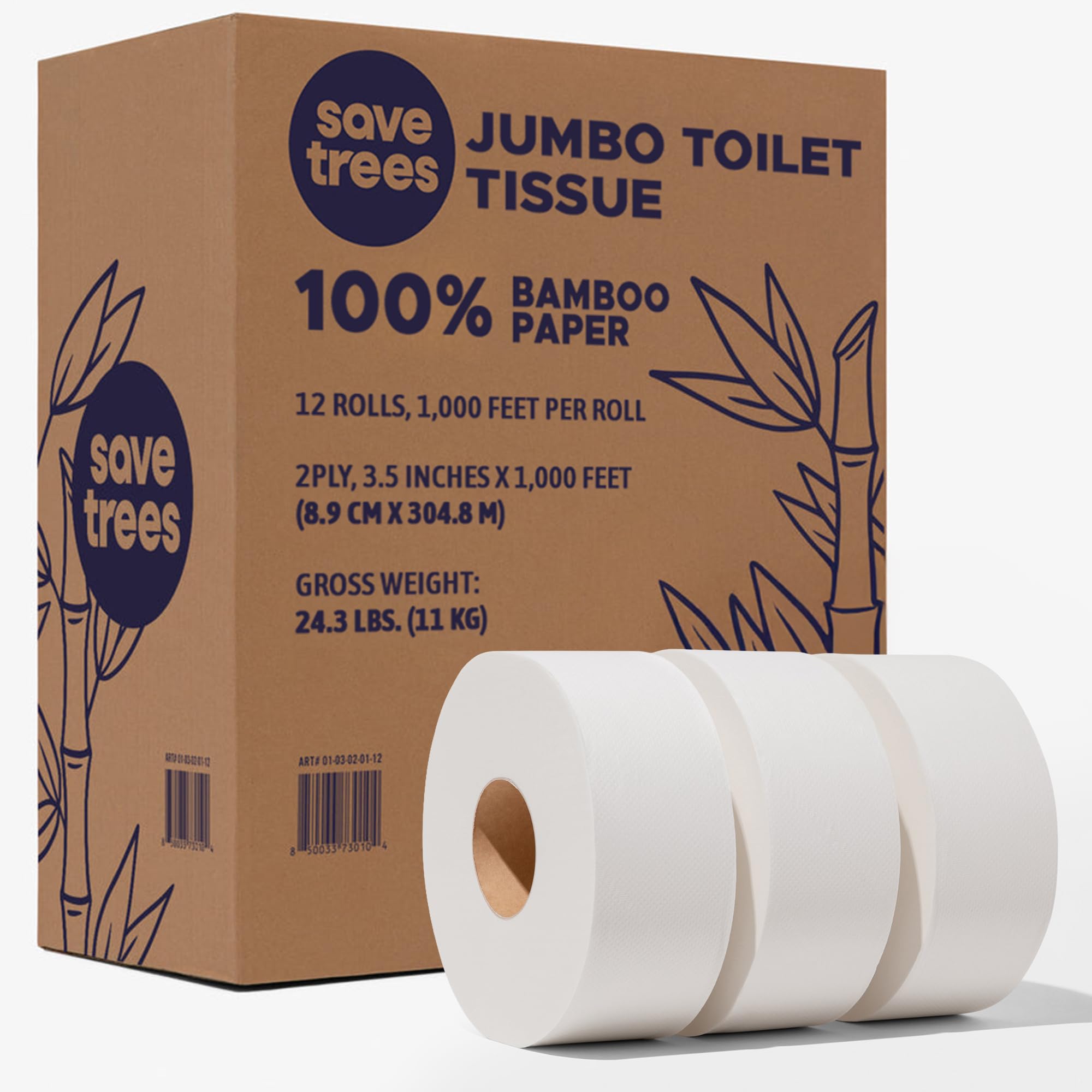 Save Trees Jumbo Toilet Paper Commercial Rolls - Bamboo, 12 Rolls per Case, 1000 Feet Non-Perforated, 2-ply, White, Bulk Toilet Paper for Commercial