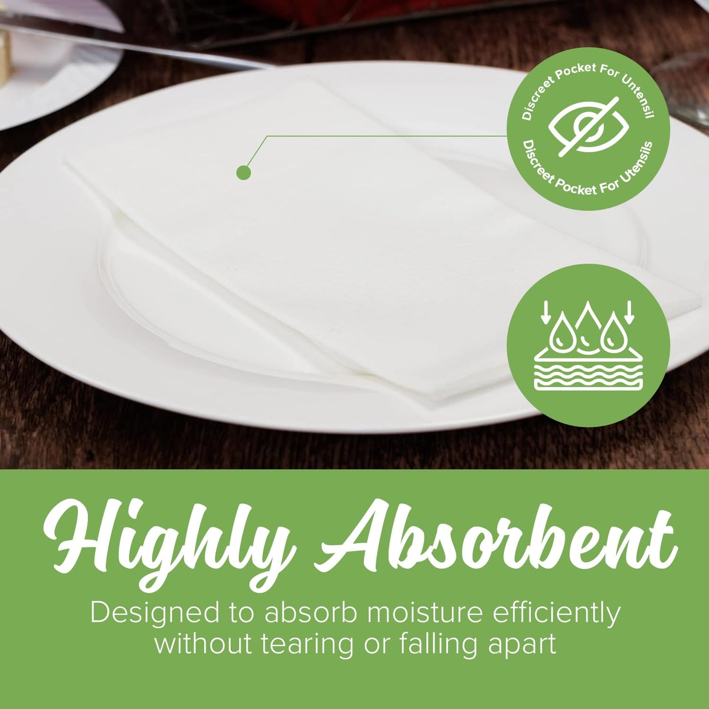 SimuLinen White Disposable Dinner Napkins with Pocket for Utensils, Decorative and Absorbent, Paper Napkins for Silverware, 17"x17", Box of 150