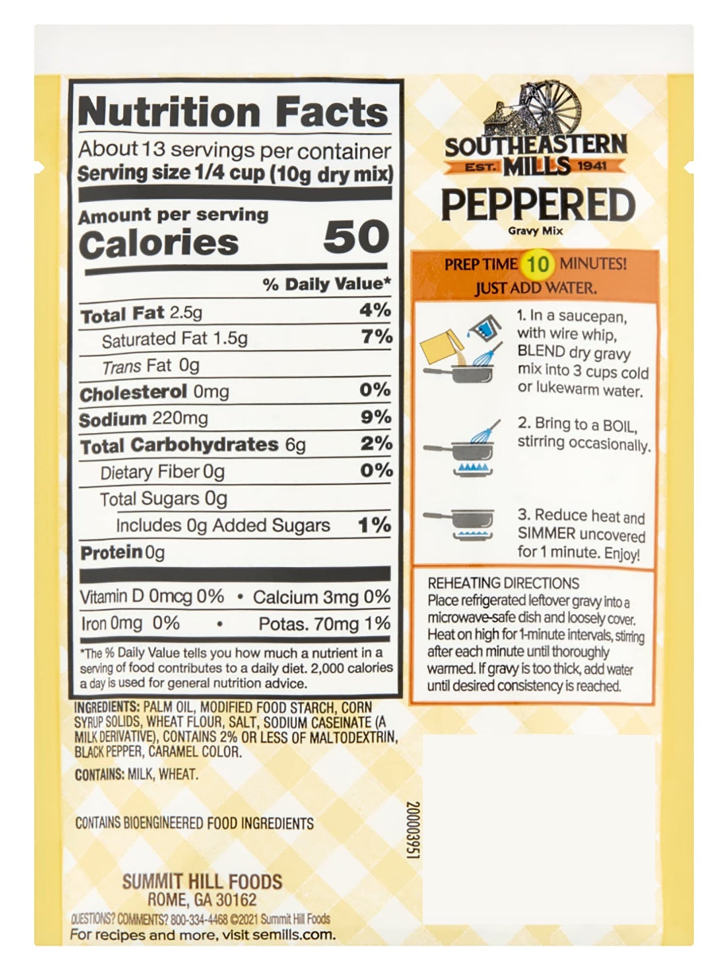 Southeastern Mills Gravy Mix Packet, Peppered Gravy Mix, Makes 3 ½ Cups of Gravy, Just Add Water, Family Size Packet, 4.5-Ounce Packet (Pack of 24