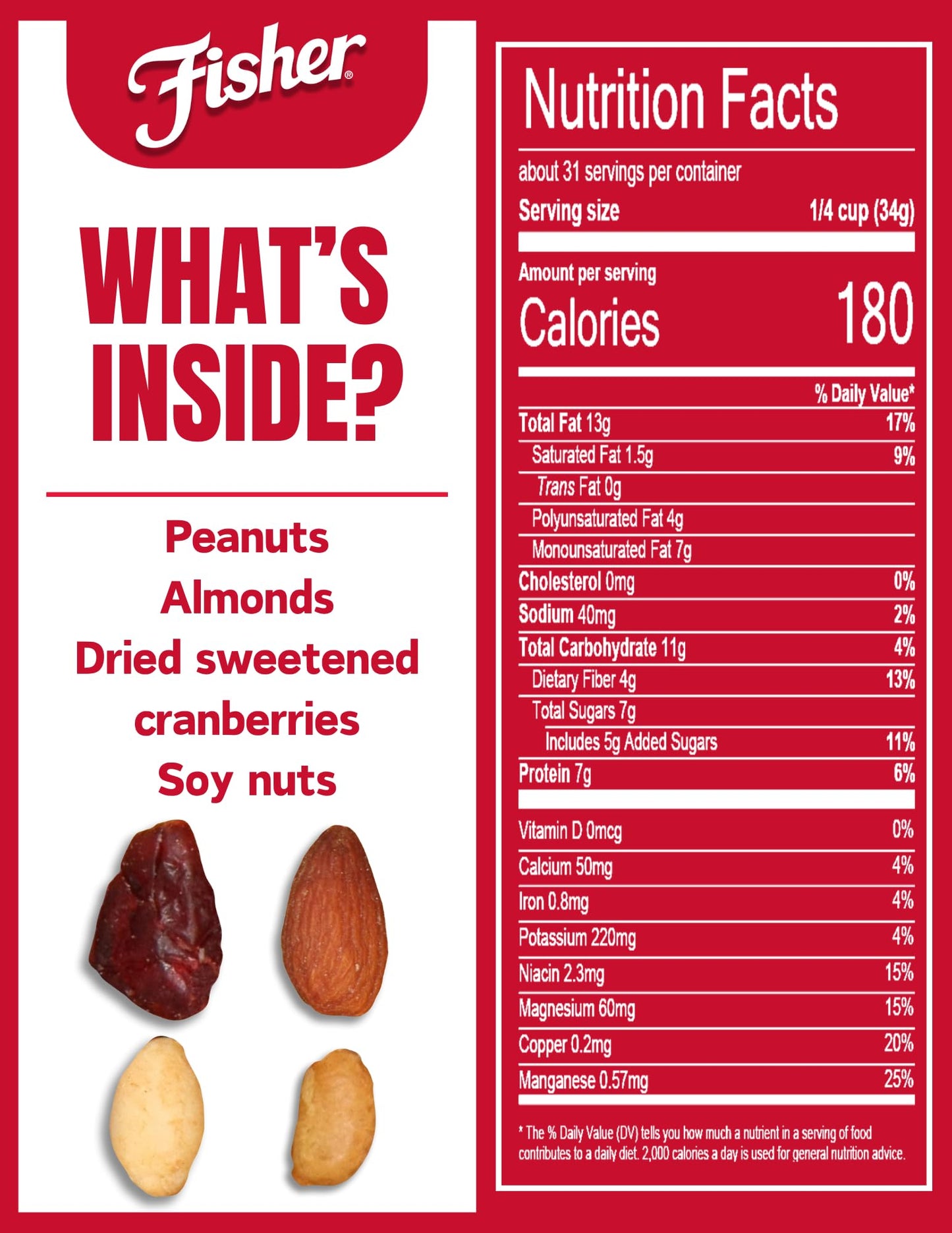 Fisher Snack Hunger Fighter Bulk Trail Mix, 38 oz (Pack of 1), Peanuts, Almonds, Dried Sweetened Cranberries and Soy Nuts, Snacks for Adults and Kids
