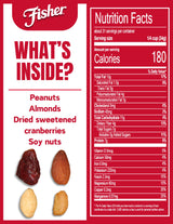 Fisher Snack Hunger Fighter Bulk Trail Mix, 38 oz (Pack of 1), Peanuts, Almonds, Dried Sweetened Cranberries and Soy Nuts, Snacks for Adults and Kids